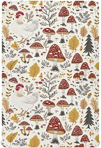 Kigai Fitted Crib Sheet for Boys Girls,Mushroom Rooster Jersey Knit Baby Sheet for Standard Crib and Toddler Bed Mattresses, Cozy Soft Breathable,