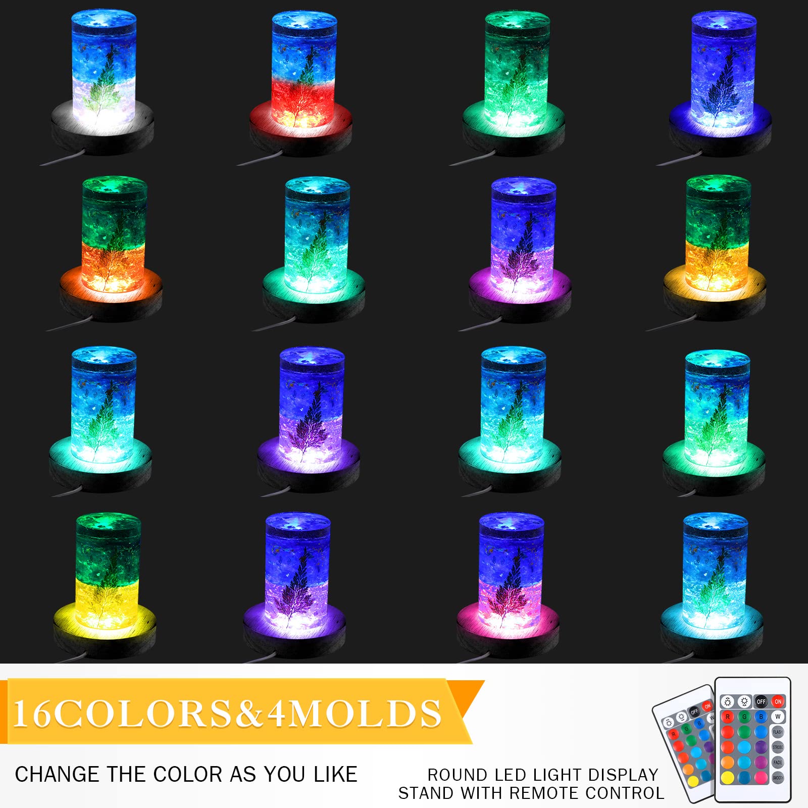 Lot de 4 bases rondes en bois pour affichage LED - 16 modes d'éclairage - Support de sphère lumineux en bois coloré pour verre de cristal, résine - Noir