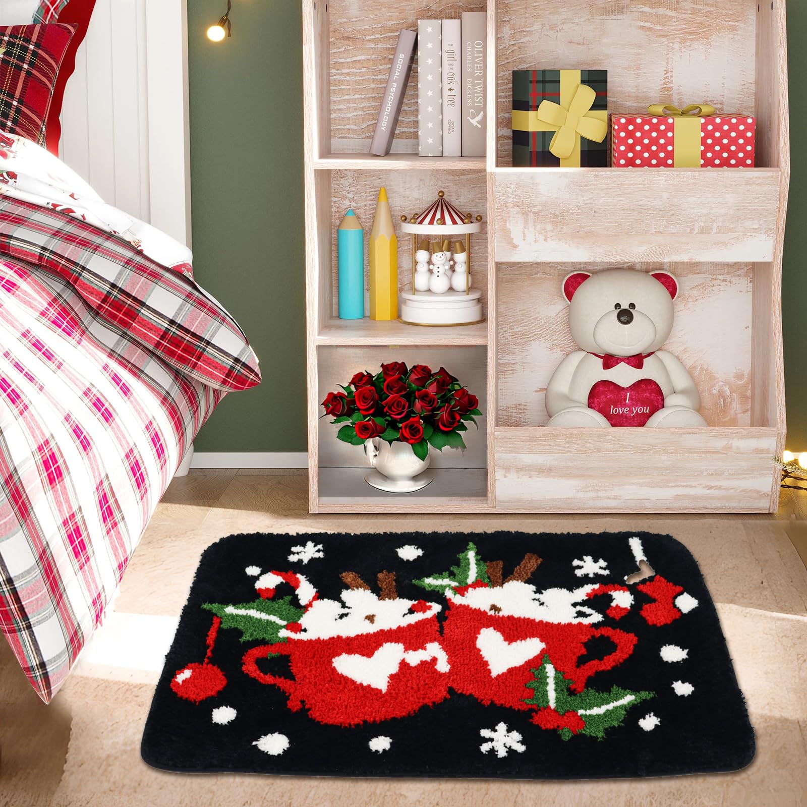 Badezimmerteppich, Weihnachtsmotiv, schwarze Badematte, Küchen- und Outdoor-Teppich, 81,3 x 50,8 cm, schwarze Tasse, 81,3 x 50,8 cm