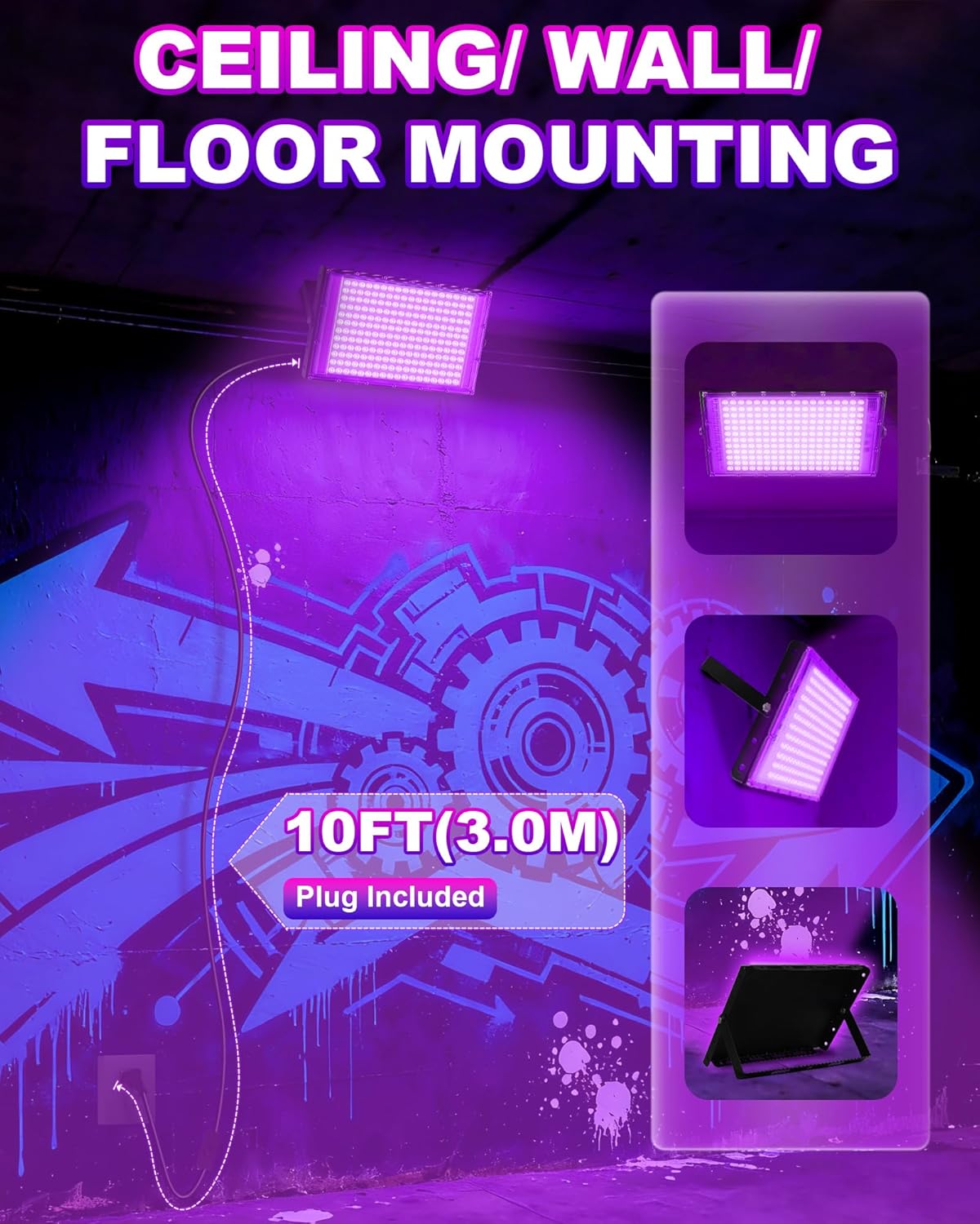 200W 2 Pack Black Light IP66 Waterproof with Switch + Plug + 10FT Cord, Outdoor LED Blacklights for Neon Glow Party, Body Paint, Fluorescent Party, Stage, Halloween