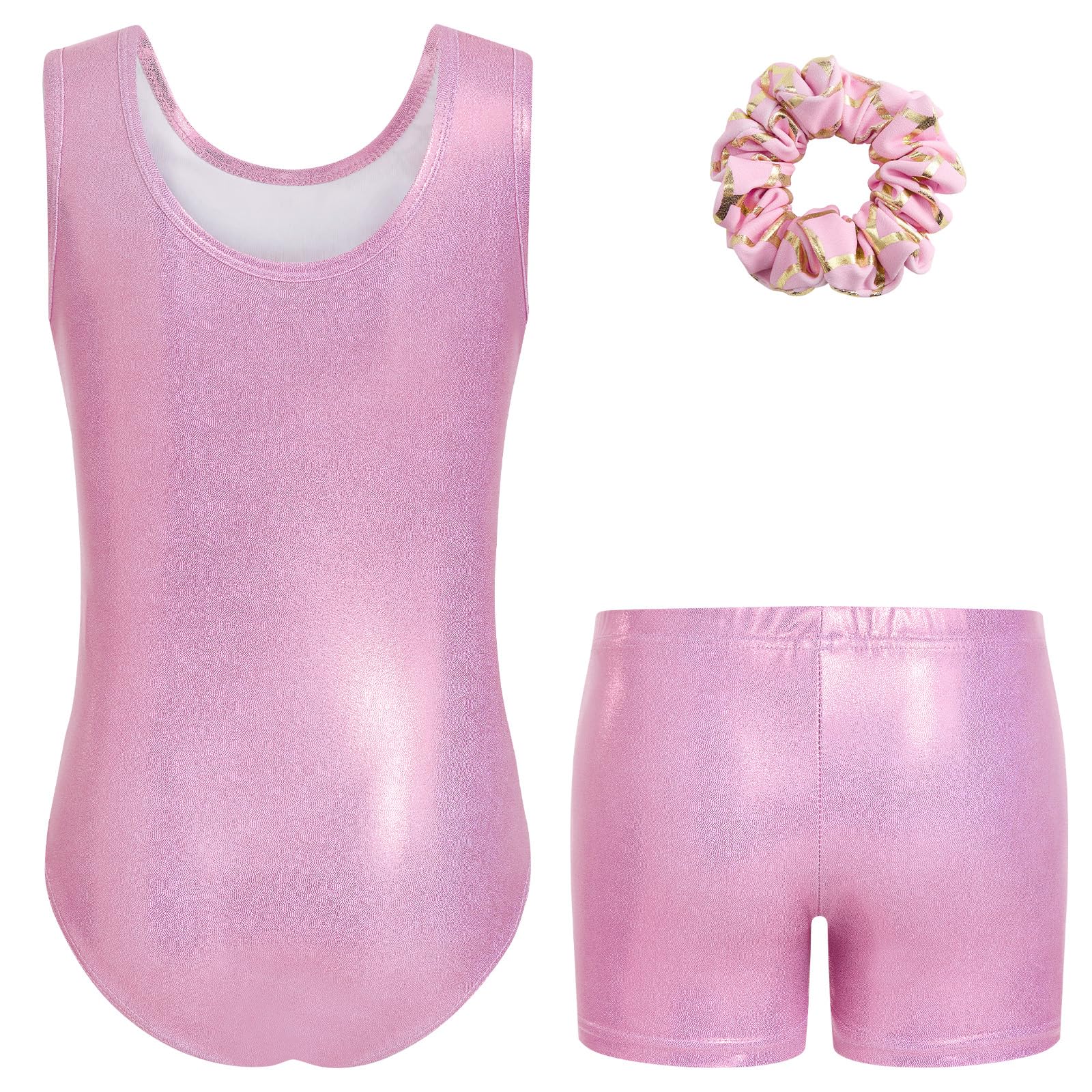 Gogokids Conjunto de gimnasia de tres piezas para niña, cuello en Y, sin mangas, con pantalones cortos y diadema, traje de gimnasia con diseño de bloques de color azul y morado, 3-12 años — view 9