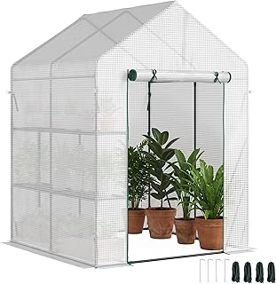 Outsunny Foliengewächshaus begehbares Gewächshaus mit 4 Regalebenen Tomatengewächshaus Treibhaus Frühbeet mit Reißverschlusstüren Weiß Stahl PE-Kunststoff 143 x 143 x 195 cm