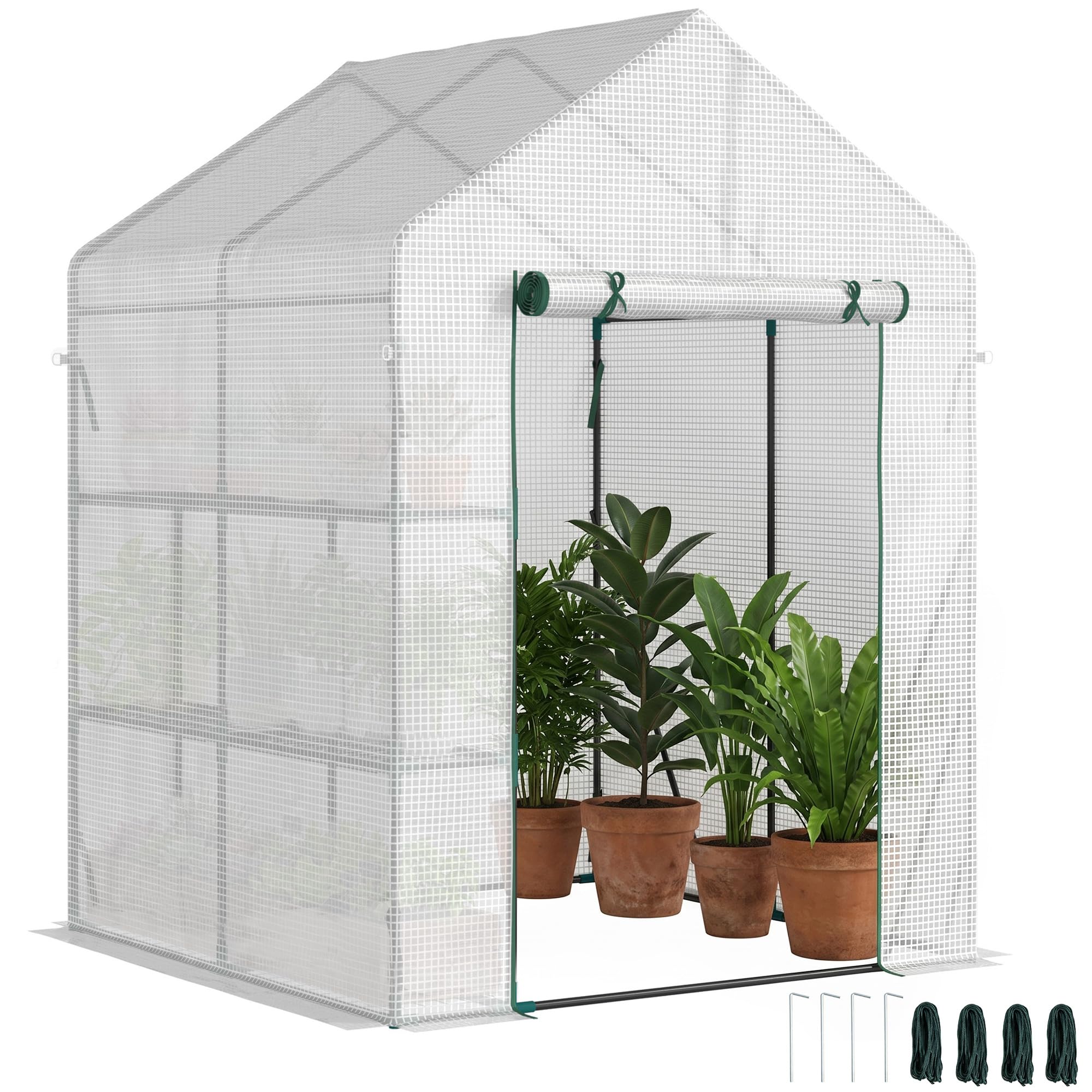 Outsunny Foliengewächshaus begehbares Gewächshaus mit 4 Regalebenen Tomatengewächshaus Treibhaus Frühbeet mit Reißverschlusstüren Weiß Stahl PE-Kunststoff 143 x 143 x 195 cm