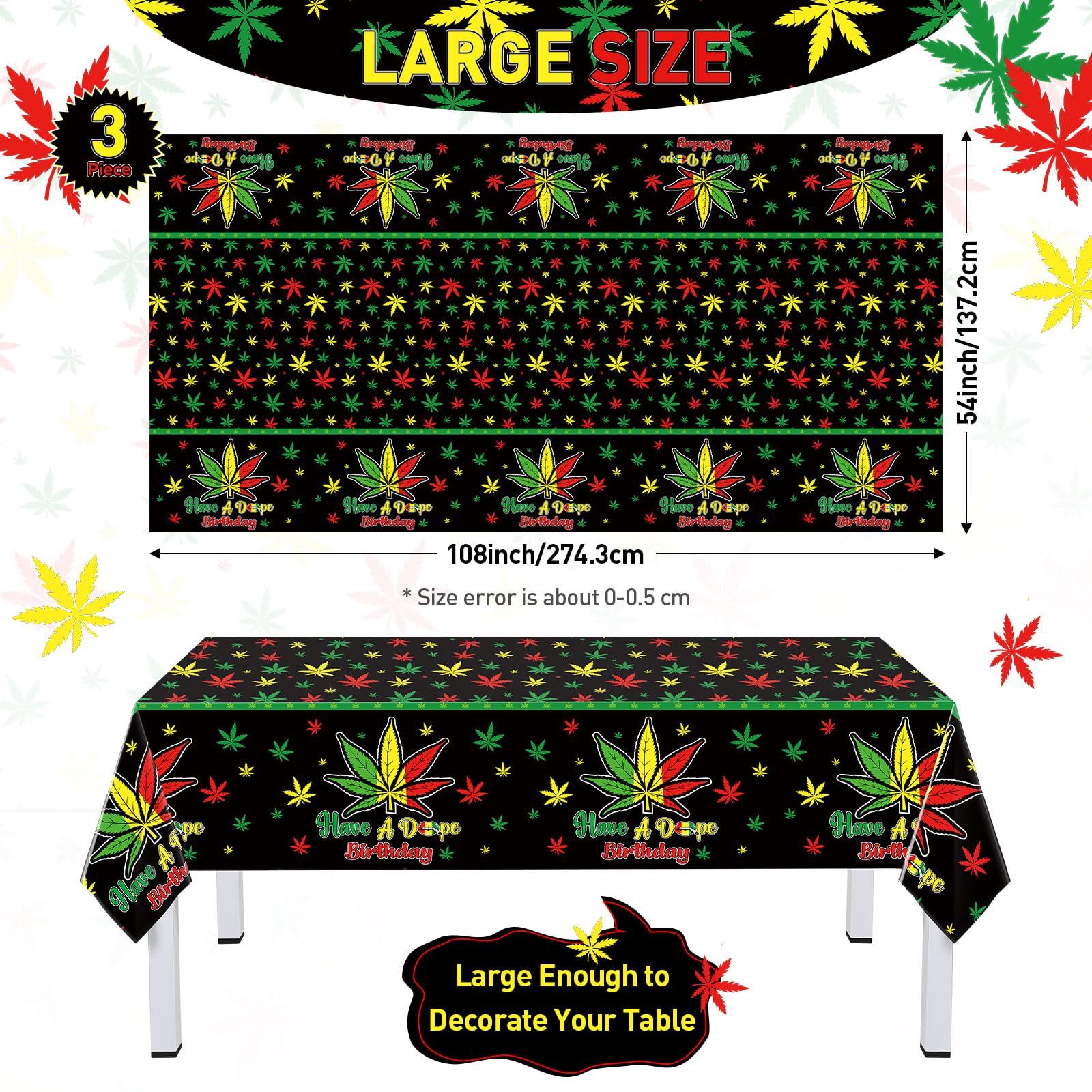 Mindsoft 3 Pcs Weed Themed Party Table Cloth Waterproof Table Cover Plastic Disposable Weed Party Tablecloth Birthday Rectangle Tablecover for Adults Birthday Supplies