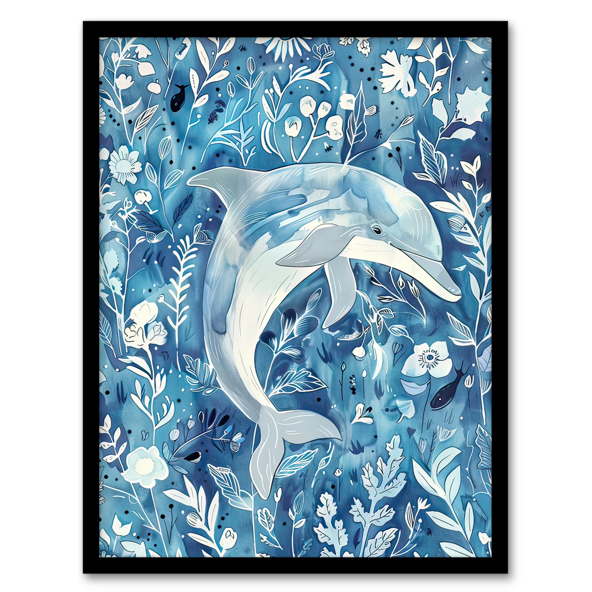 Dolphin in Blue Floral Watercolour Framed Wall Art - Artery8 - A4 Size