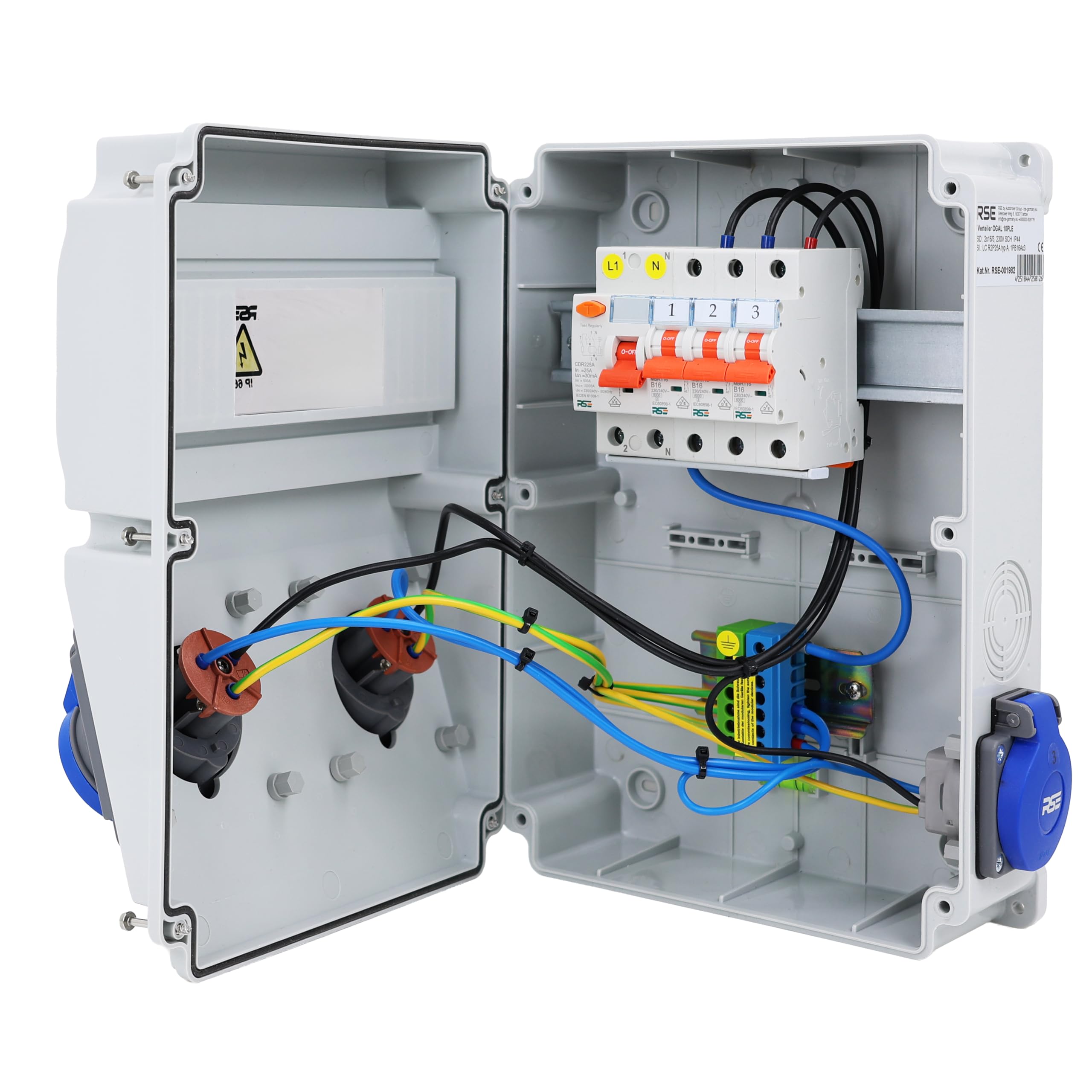 Rozdzielacz kempingowy rozdzielacz ścienny całkowicie okablowany CEE 16A 230V z wtyczką kempingową licznik IP65, 11. 1 x 230 V + 2 x kemping + LS+FI