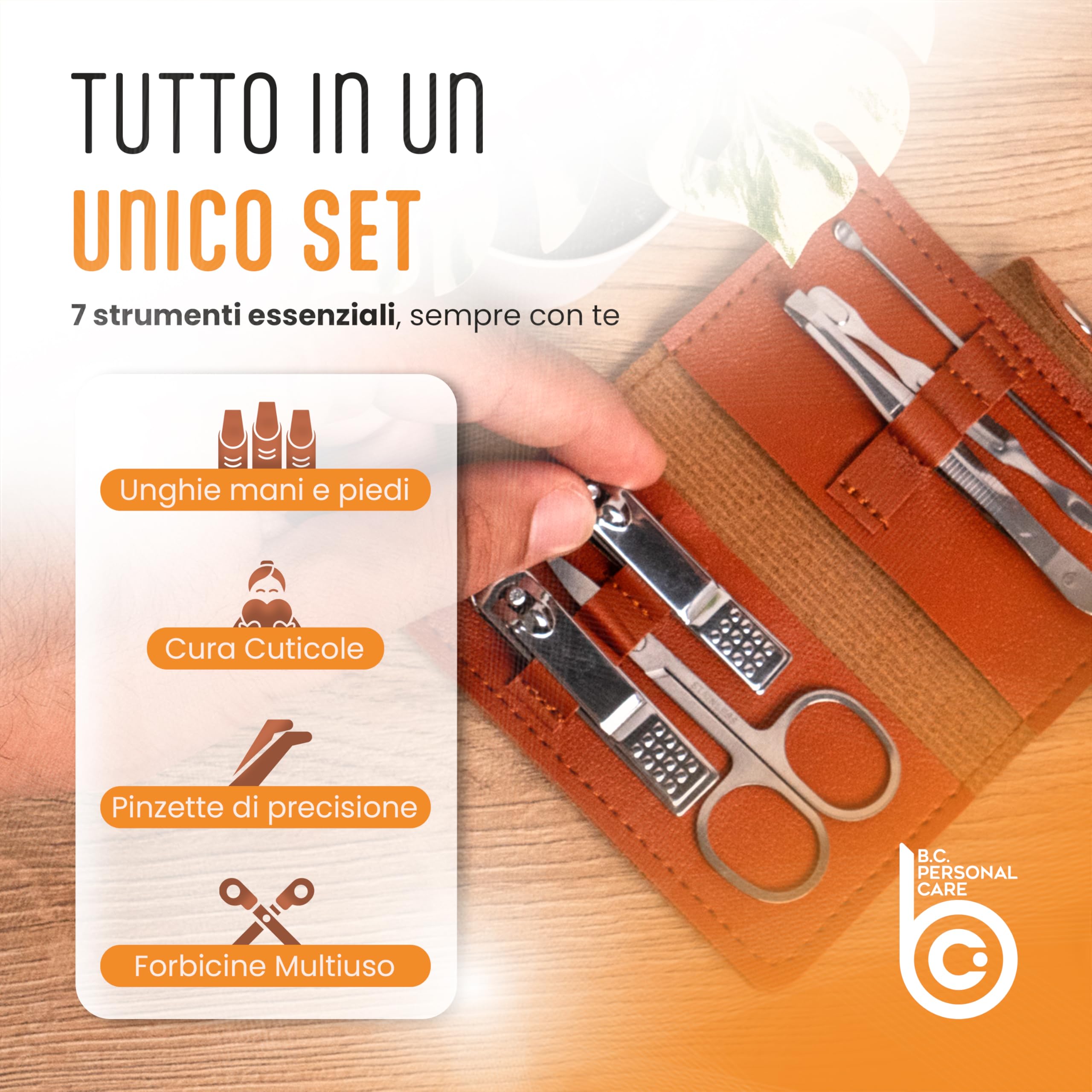 Set Manicure 7 in 1 con Pochette - Kit Unghie Mani e Piedi da Viaggio con Pinzette Tronchesi Forbicine Lime - Elegante Compatto e Multiuso