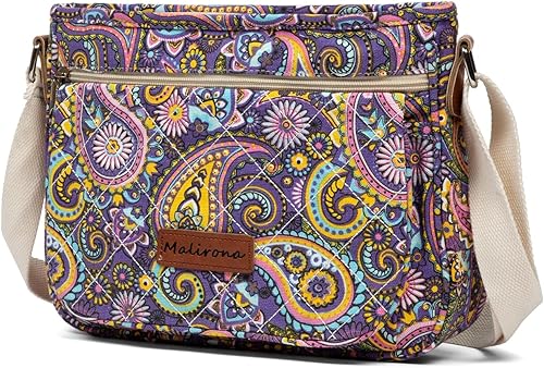 Malirona Bolso cruzado floral duradero para mujer, bolso de mensajero de lona con múltiples bolsillos para viaje