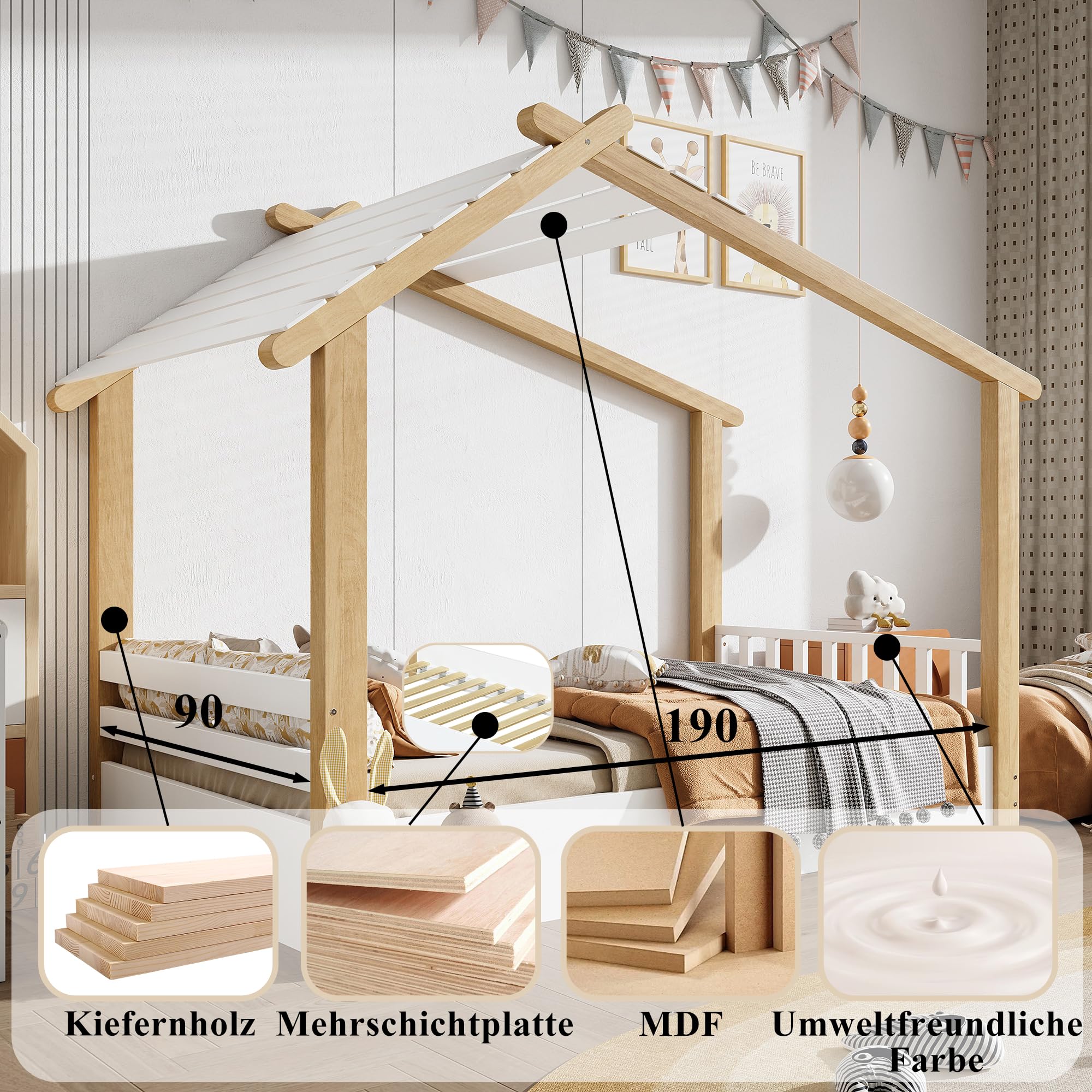 Lits en Bois, Lit d'enfant, Lit Individuel, Exquise Conception en Bois, Stable Lattenroste, Design Schlichtes, Pinier + Spanplatte + MDF, Weiß+Natur, 90x200cm