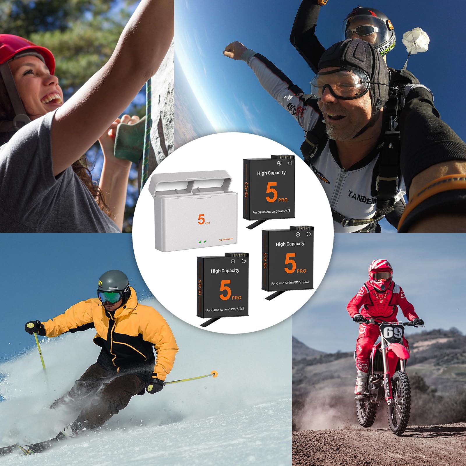OSMO Action 6/5 Pro/4/3, kit di 3 batterie di ricambio da 2800 mAh, tipo C, USB, doppio canale, caricatore LED per OSMO Action 6/5 Pro/OSMO Action 4/OSMO Action 3 (3 batterie + 1 ricarica)