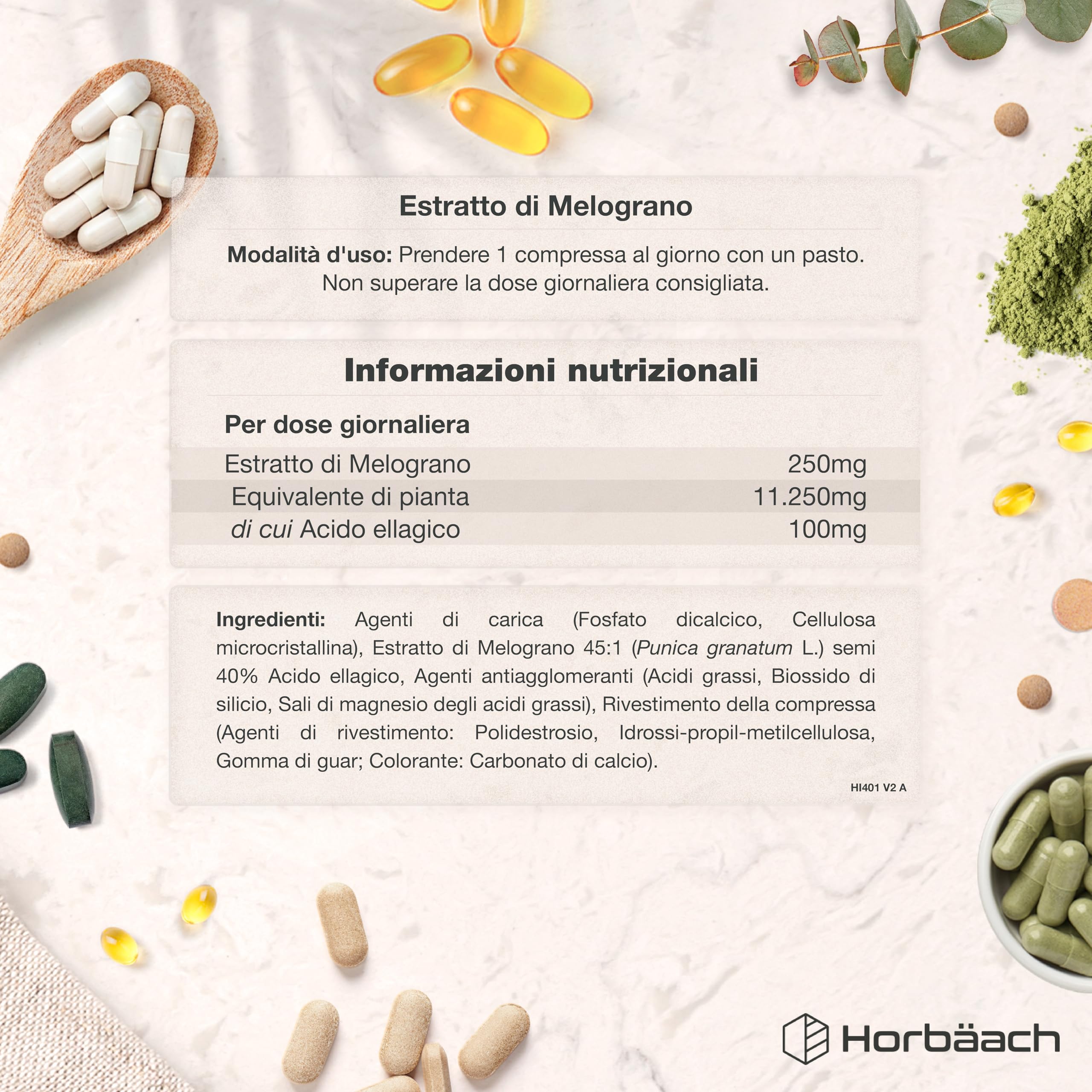 Estratto di Melograno Integratore 11250 mg | 120 Compresse Vegane | 4 Mesi di Scorta | 40% di Acido Ellagico | Pomegranate Extract Supplement | di Horbaach