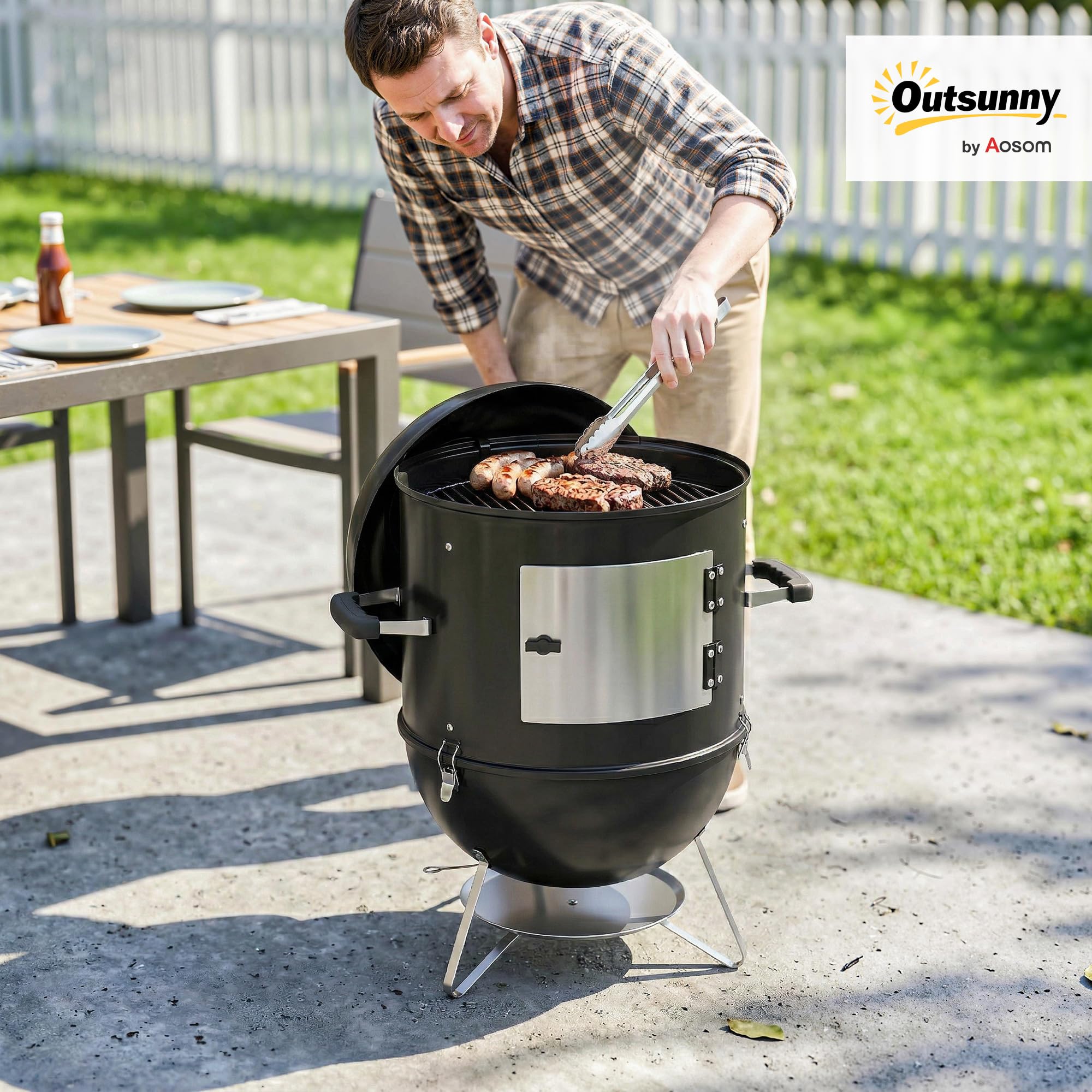 Outsunny Affumicatore 3-in-1 3 Griglie di Cott. Termometro Integrato Nero | Ø44 cm, presa d'aria regolabile, coperchio rimovibile, maniglia isolata, barbecue a carbone, carne e pesce