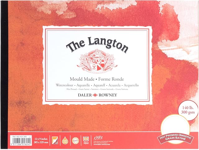 Daler-Rowney The Langton Hot-Pressed 300gsm 12 x 9in Watercolour Paper Pad, Glued 1 Side, Acid-free, 12 Natural White Sheets, Ideal for Professional Artists