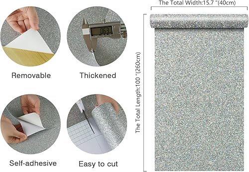 Vista 140 de CHIHUT Papel tapiz de contacto con purpurina plateada de 15.7 x 236 pulgadas, papel tapiz autoadhesivo con purpurina plateada, rollo de papel