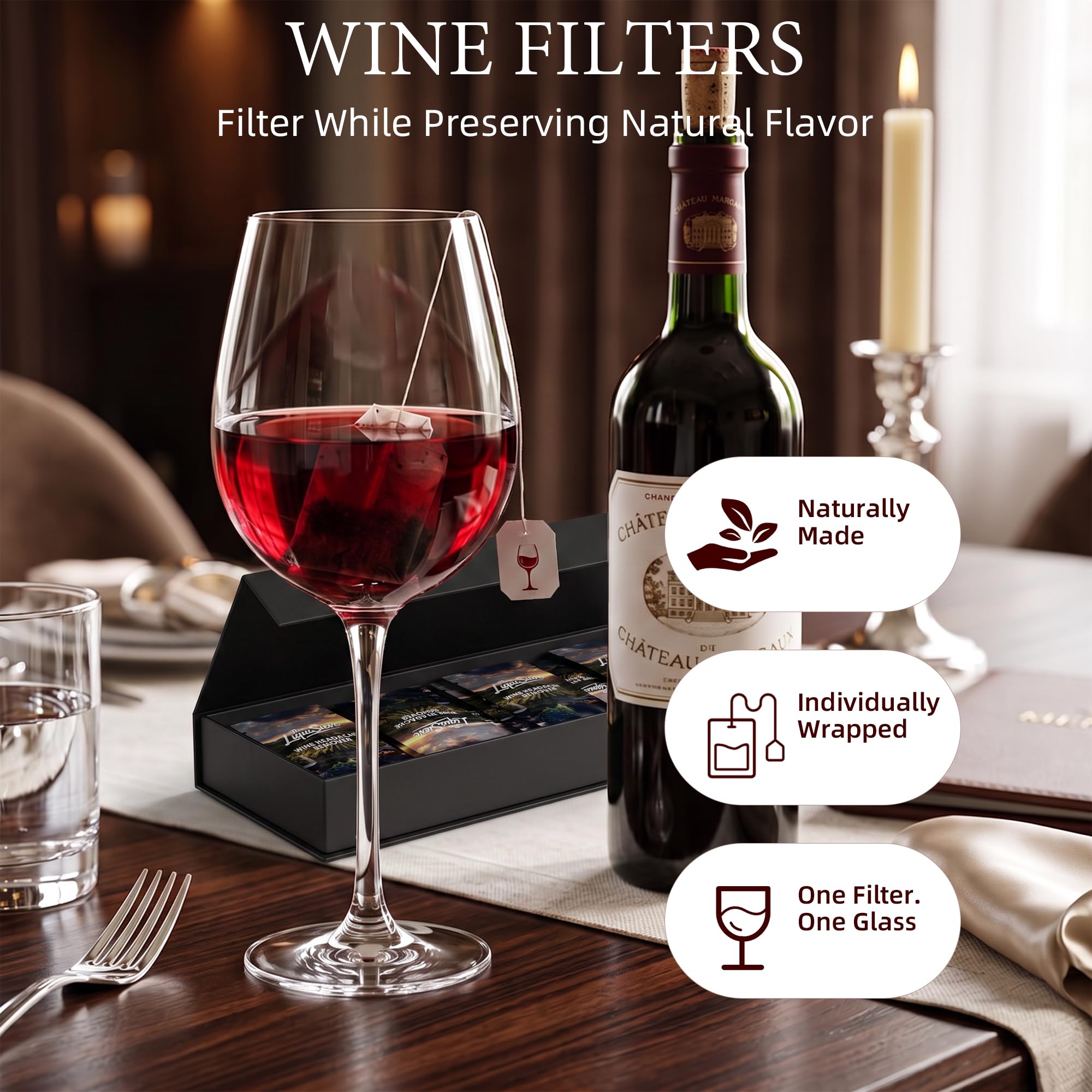 Paquete de 24 filtros de vino para vino tinto y blanco, filtros purificadores de vino, histaminas, sulfitos y taninos, varillas de filtro envueltas individualmente, accesorios de vino portátiles para