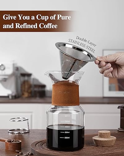 Miniatura 2 de Cafetera vertida con filtro de acero inoxidable de doble capa, gotero de café de 20 onzas, jarra de vidrio con cuello de cuero vintage, tapa de