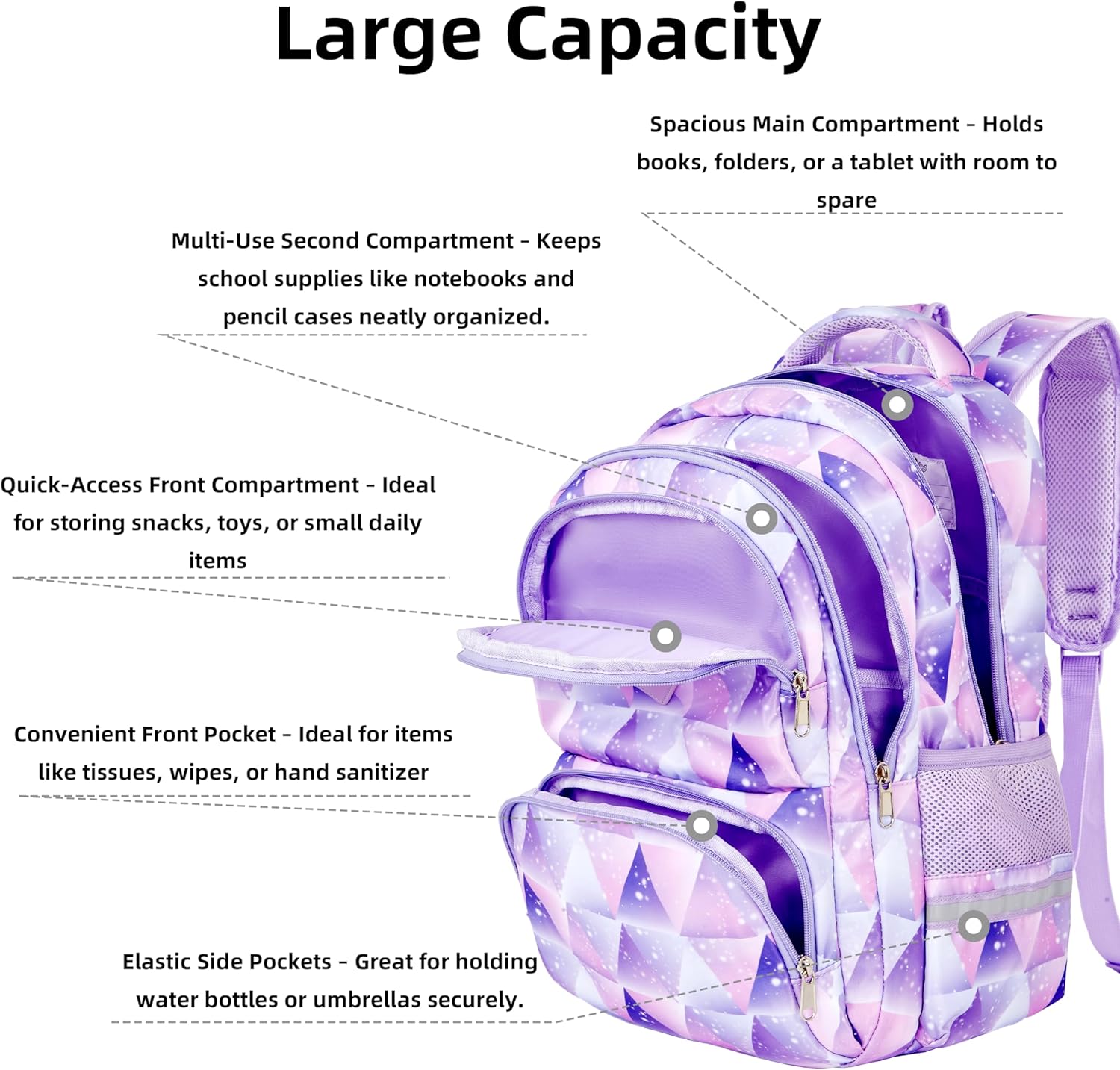 Cute Kids Backpack for Girls and Boys Lightweight School Bag for Preschool, Primary,Teenage & Elementary Students Bookbag for Kids Aged 6-12(17inch, Purple Geometric)
