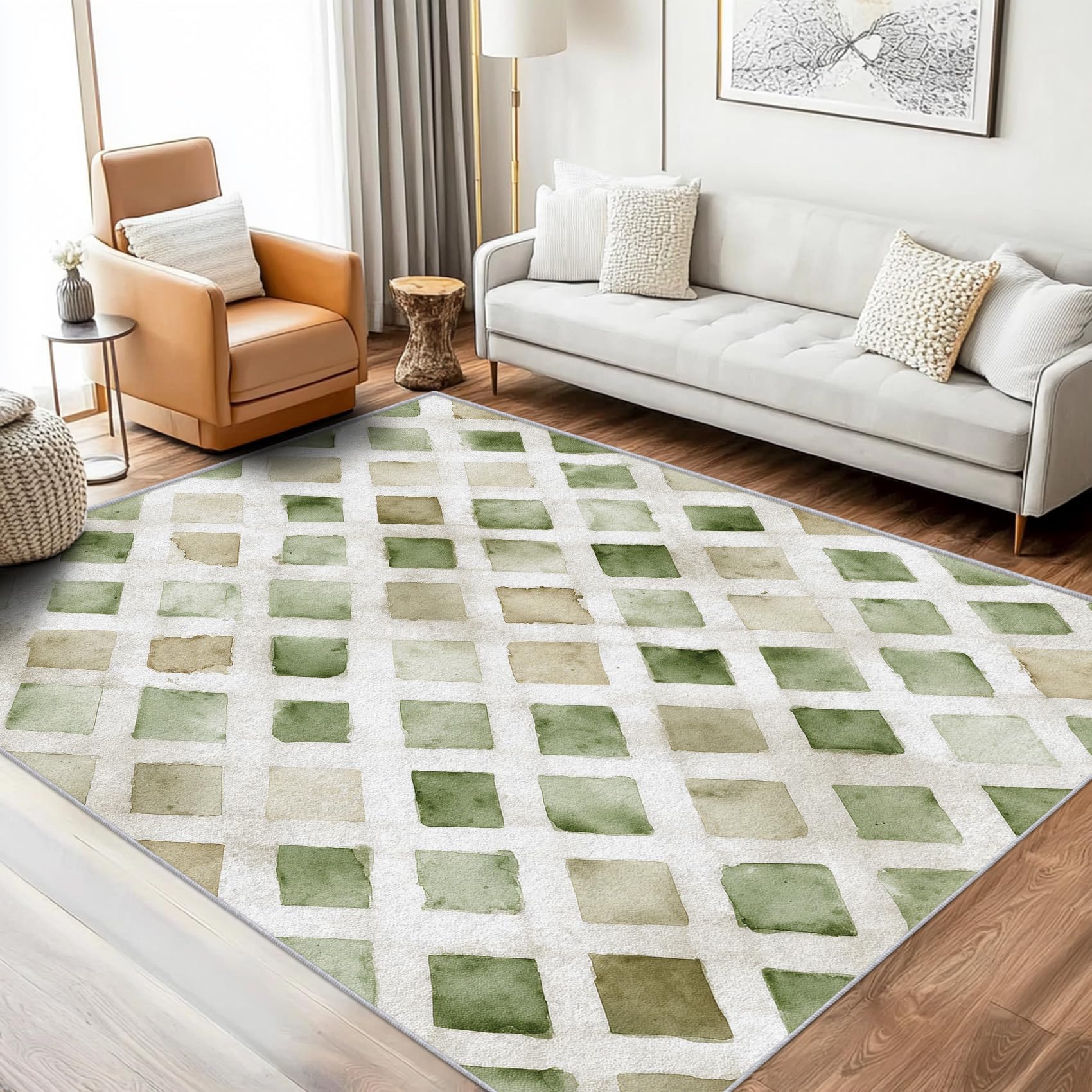 Tapis de Salon Lavable à Motif géométrique Losanges, 120 x 180 cm, Vert Sauge et Beige Motif à Carreaux Aquarelle antidérapant Tapispour Chambre, Salle à Manger ou Bureau.
