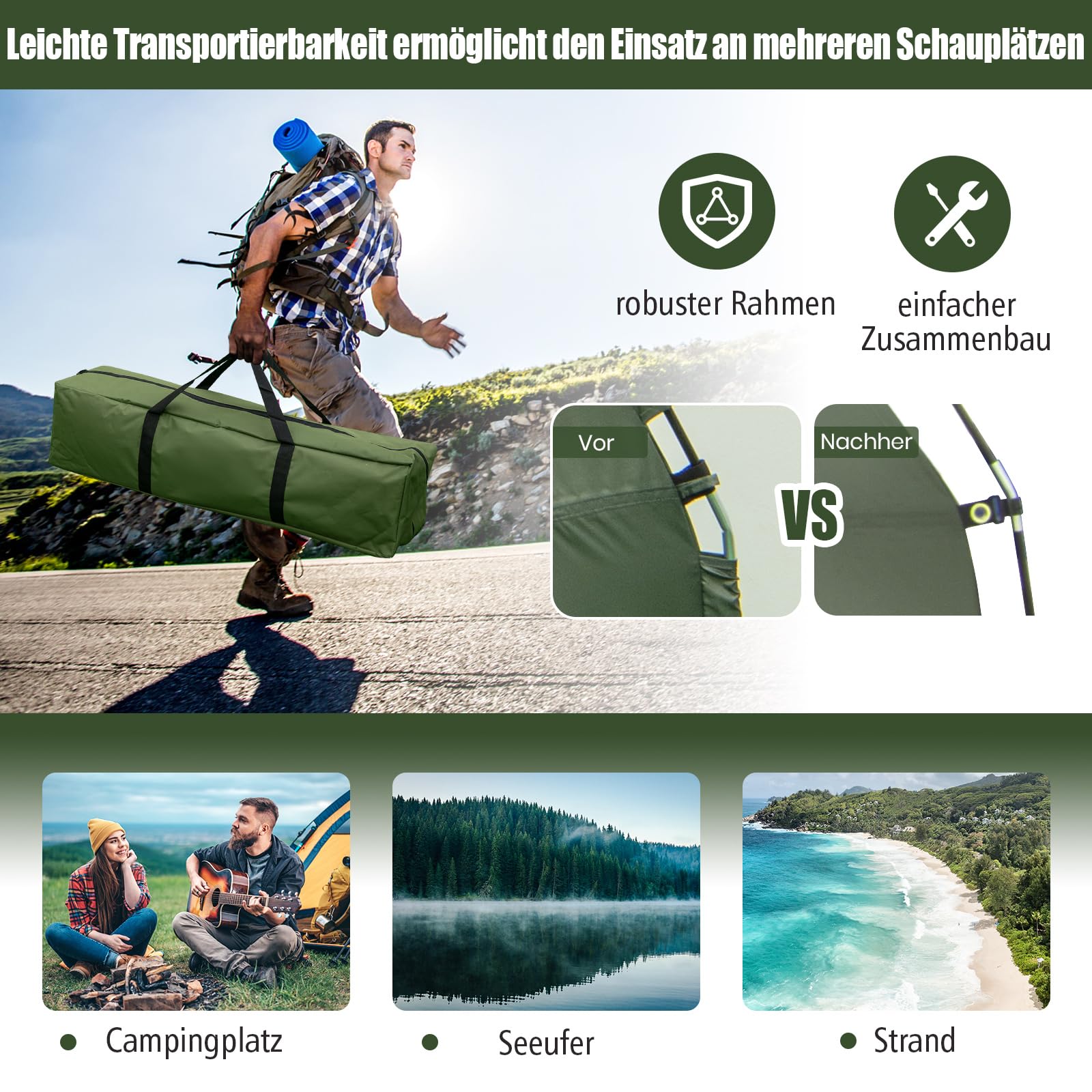 GOPLUS Feldbett mit Zelt für 1 Personen, 5 in 1 Campingzelt wasserdicht mit Sonnenschutz, Luftmatratze, Kissen, Schlafsack & Tragetasche, Campingliege Campingbett zum Wandern und Picknick