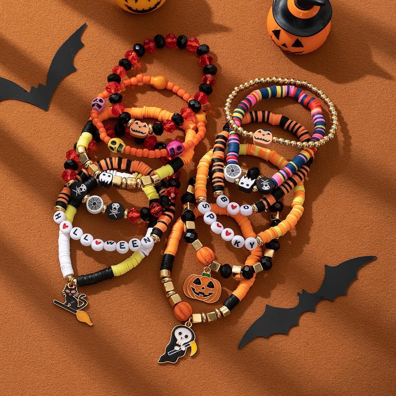 Halloween Pumpkin Beaded Bracelet Stackable Layered Ghost Cat Skull Bat Stretch Bracelet Elastic Colorful Heishi Clay Bead Bracelets Charms for Women Jewelry - Image 4