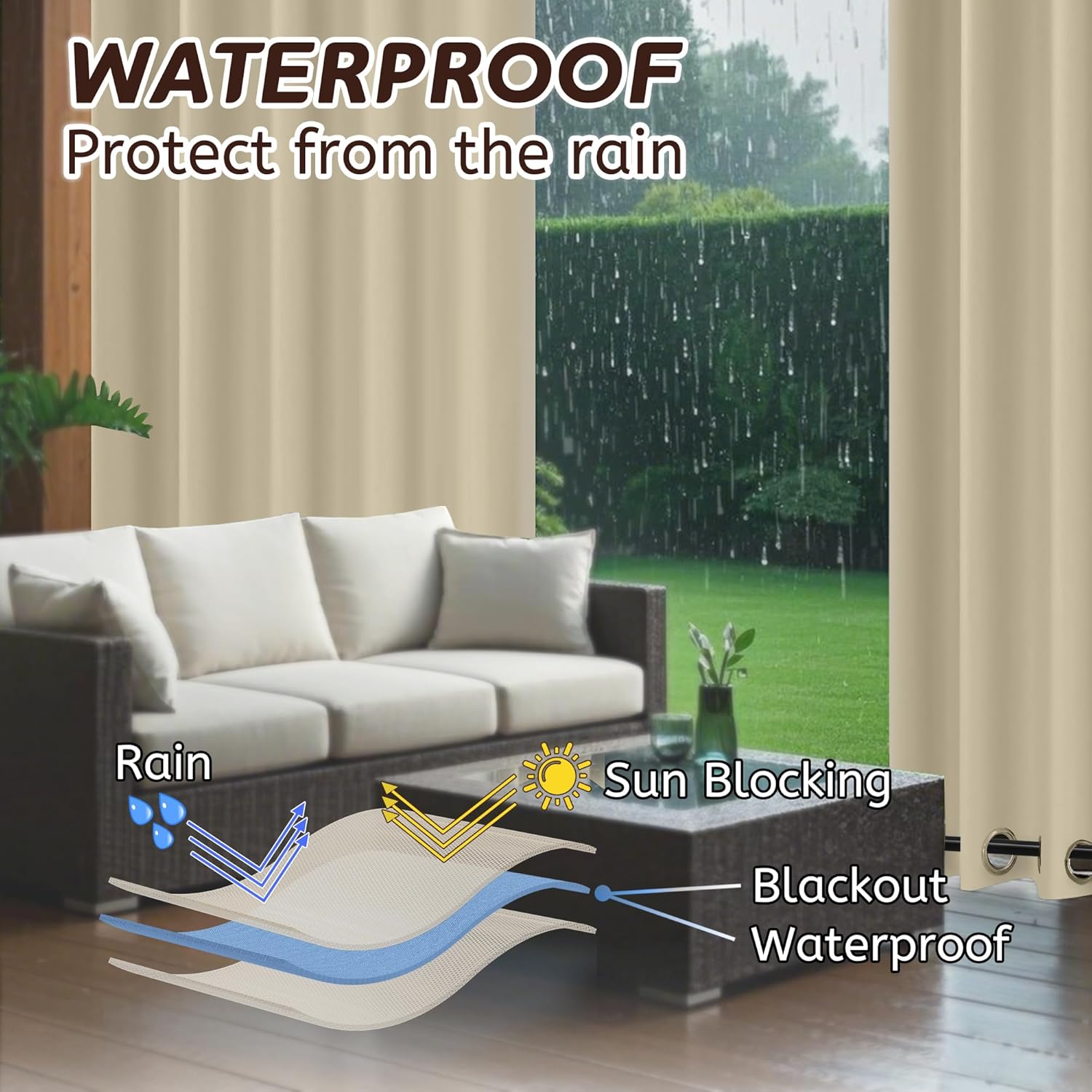 Arfntevss Outdoor Curtains for Patio Waterproof 2 Panels Blackout Curtains 96 inch Long with Zipper Top & Bottom Grommet Sun Blocking Outdoor Privacy Drape for Gazebo Porch Pergola (54x96, Beige)