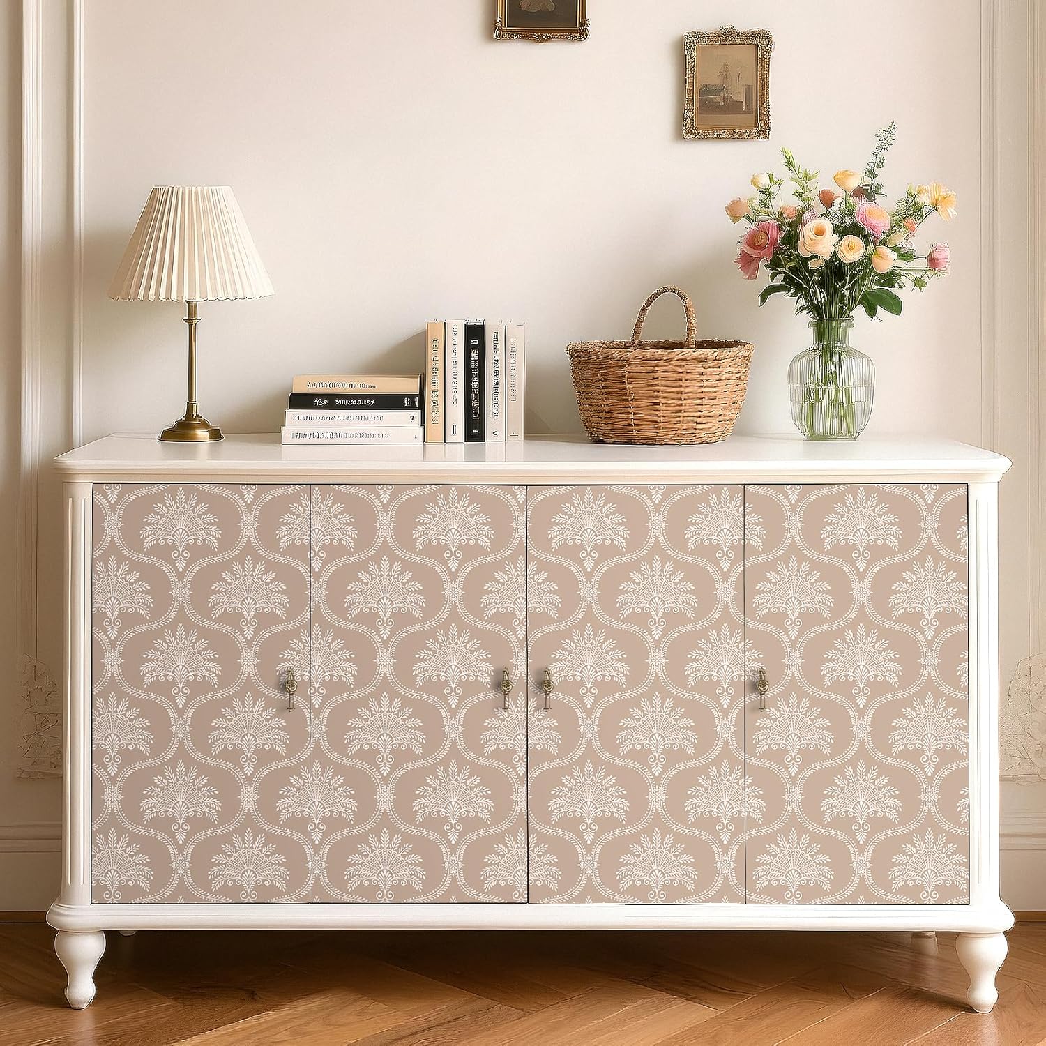 Livelynine 17.5x276 Peel and Stick Wallpaper Taupe Damask Vintage Elegant Floral Wall Paper for Bedrooms Bathroom Dining Room Kitchen Renter Friendly Vinyl Art Deco Floral Contact Paper Shelf Liner