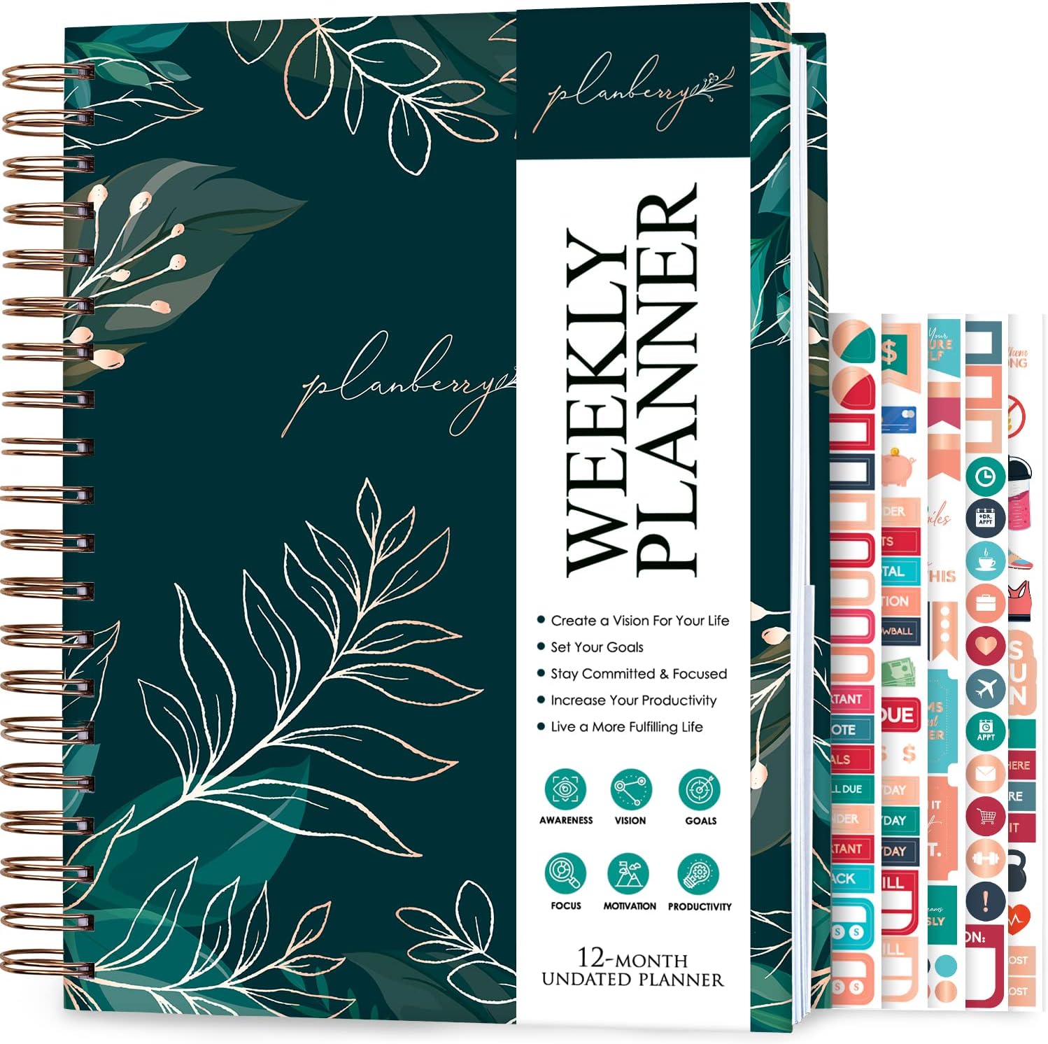 PLANBERRY Large Weekly Planner Premium – Undated Life & Budget Planner – Organizer & Productivity Journal, 8x10.4″ (Green Pastures)