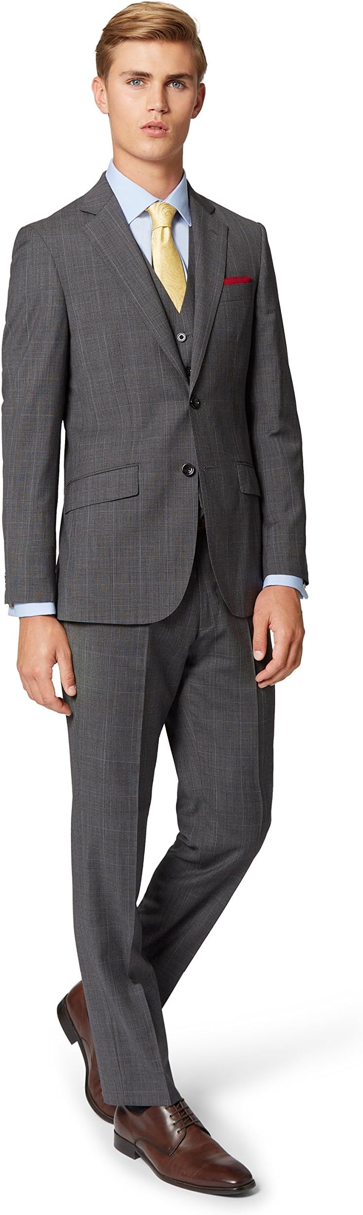 Hardy Amies Men's Tailored Fit Grey Prince of Wales Check 3 Piece Suit 36R