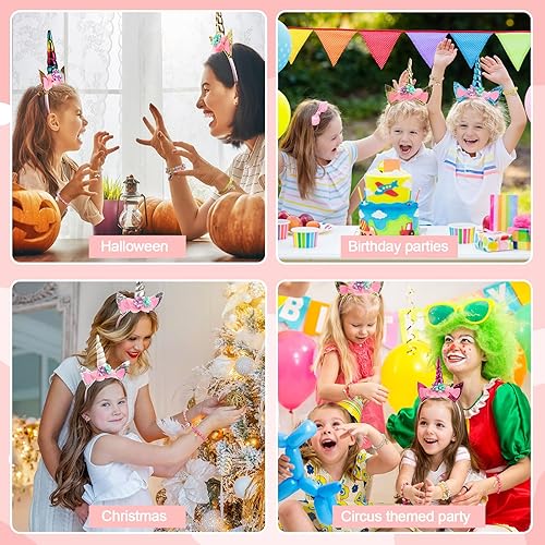 Miniatura 6 de Jexine Los recuerdos de fiesta de unicornio de 18 piezas incluyen 9 diademas de unicornio y 9 pulseras de cuentas de arcoíris de unicornio, diadema