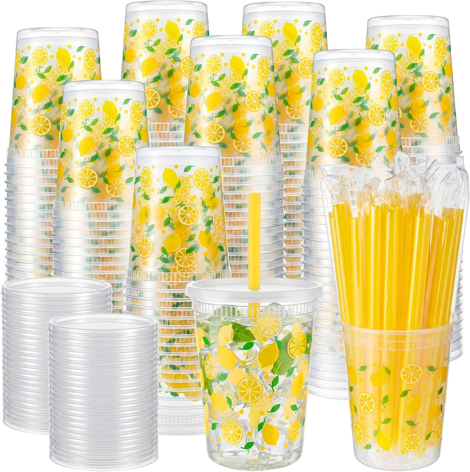 50 Set Lemonade Stand Supplies 32 oz Lemonade Stand Kits, 50 Lemon Plastic Cups Yellow Lemon Drink Cup with Lids, 50 Straws for Juice Ice Tea Beer Beverage Summer Party Supplies