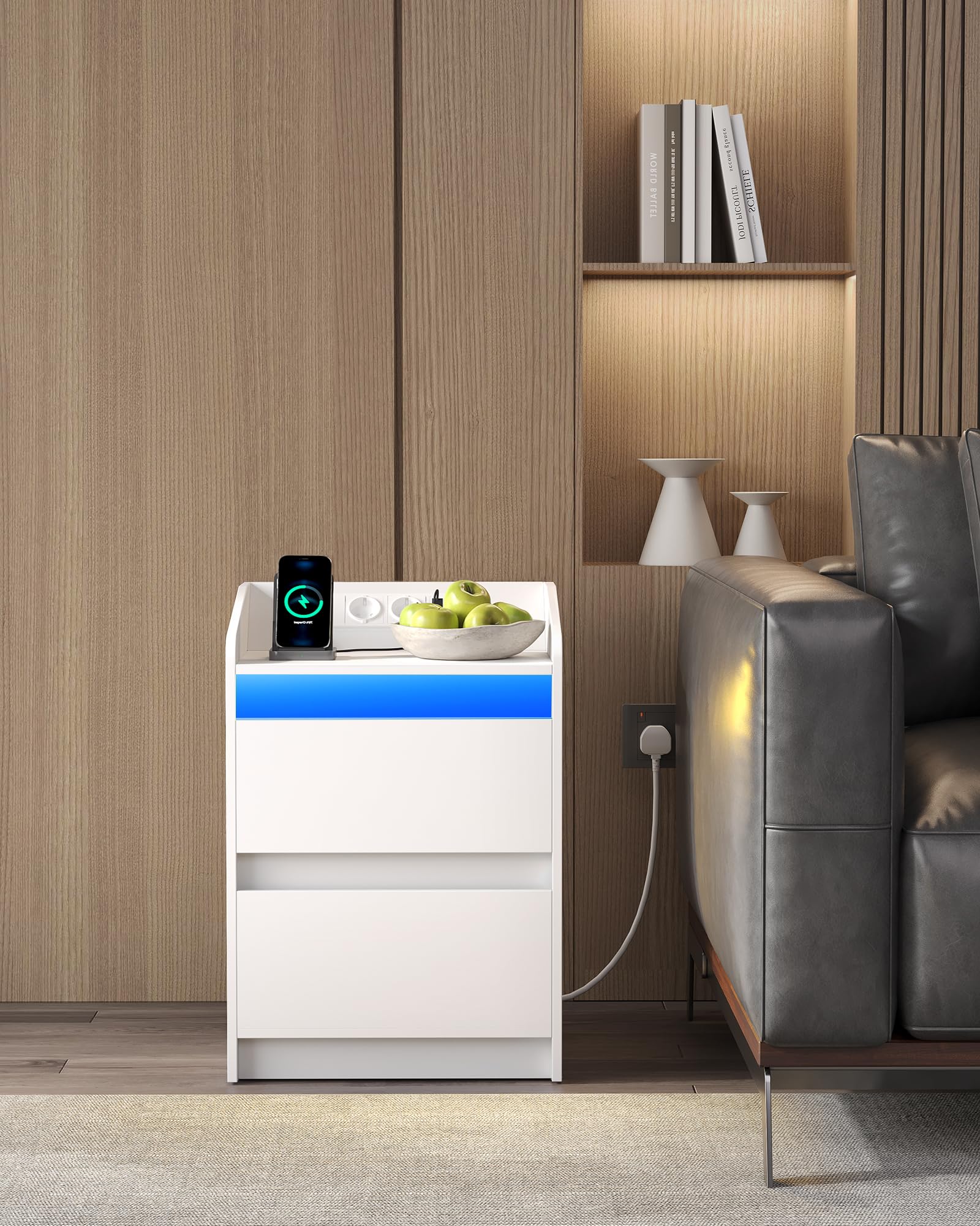 Hzuaneri Mesitas de Noche Juego de 2 con Luces LED, Estación de Carga y 2 Cajones, Mesa Auxiliar con Puertos USB y Enchufes de Energía, Ideal para Sala de Estar y Dormitorio, Blanco NS30103X