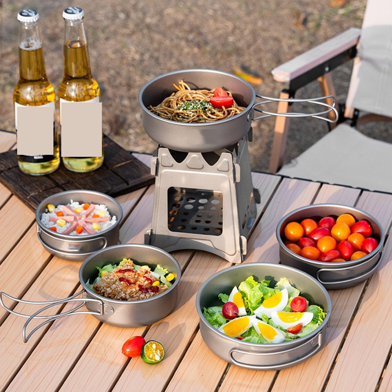 Kit Cottura da Campeggio in Titanio TA1 Senza Rivestimento, Pentola Ultraleggera con Cestello Vaporiera, Padella e Ciotola per 1–3 Persone, Fornello da Campeggio e Fuoco a Legna,6 Piece