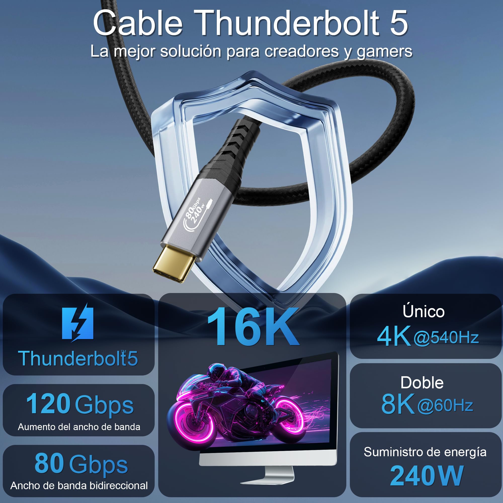 80Gbps Cable Thunderbolt 5 3m, unidireccional hasta 120Gbps, 240W,Video 16K@30Hz 8K@60Hz,compatible con Thunderbolt 4,USB 4,SSD,eGPU,Laptop, Smartphone,Display