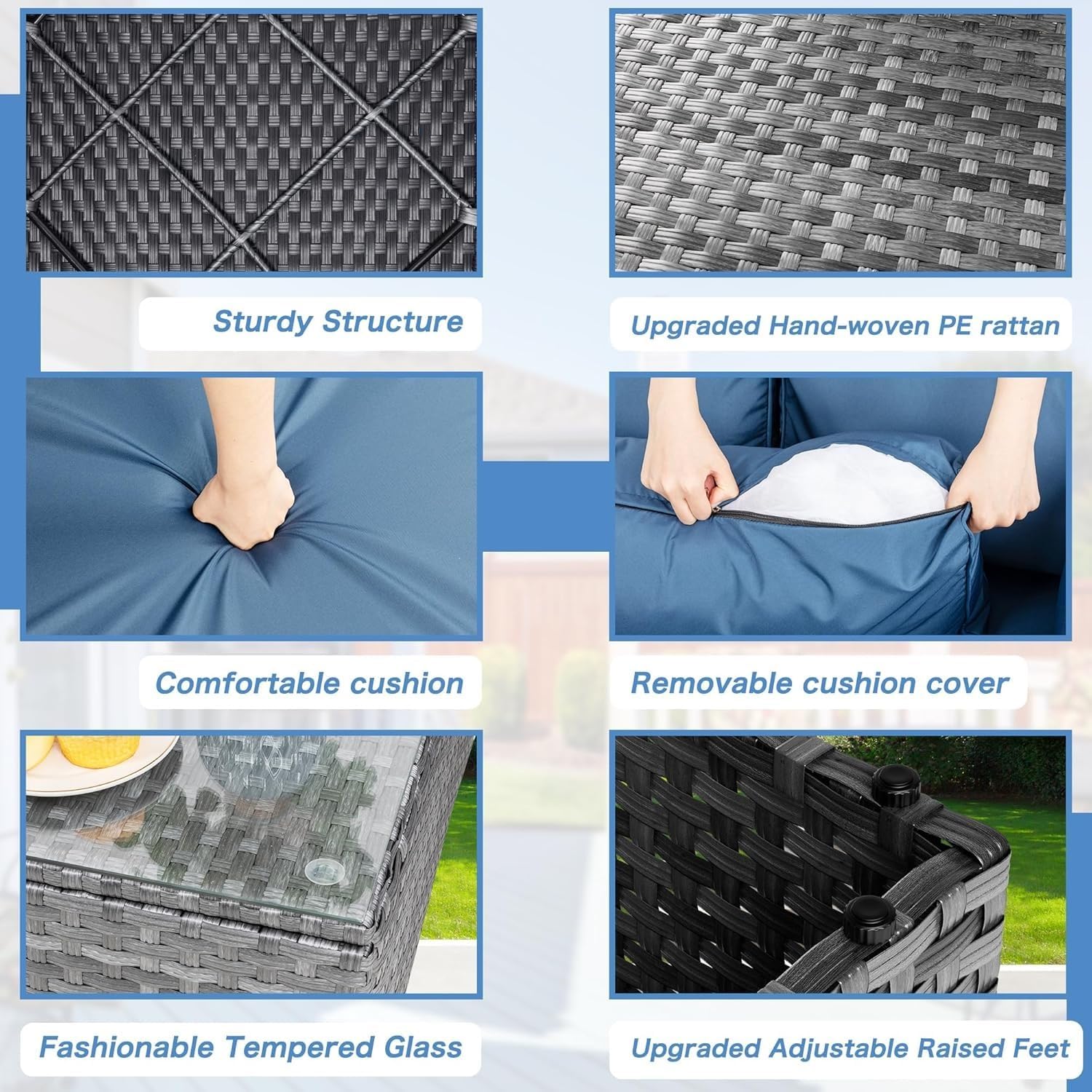 Silver Gray PE Wicker Furniture Conversation Sets with Washable Cushions Glass Coffee Table 7 Pieces Outdoor Patio Sectional Sofa Couch for Garden Poolside Backyard