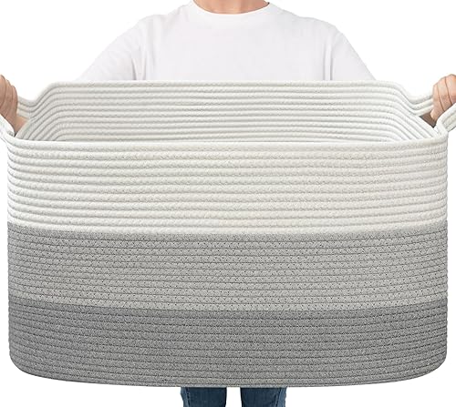 Vista 157 de Goodpick Cesta grande de almacenamiento de juguetes, cestas de cuerda de algodón gris para bebés, niños, cesta de almacenamiento tejida con asa