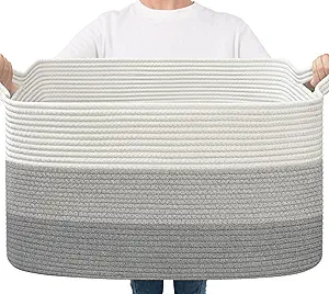 Goodpick Storage Basket, 21.6" x 14.9" x 11.8", Blanket Basket for Living Room, Large Woven Baskets for Storage, Toy Organizer, Rectangle Rope Baskets for Organizing, Gray