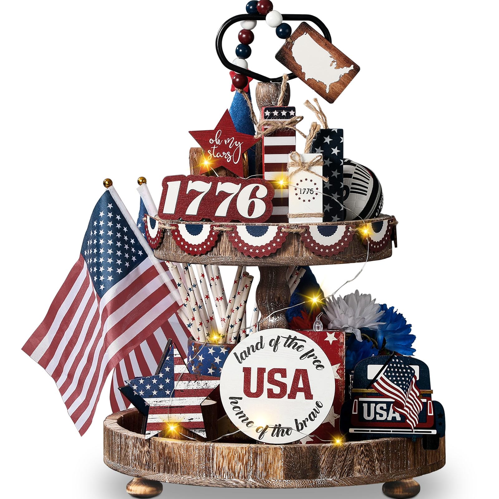FoldTier 18 Pcs 4th of July Tiered Tray Decor Set Rustic Patriotic Independence Day Decoration Glow Vintage Farmhouse 4th of July Tiered Tray Sign Wooden Red White Blue Decor for Table(USA)