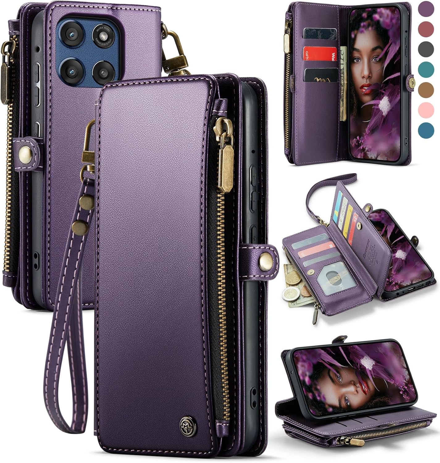 Defencase Compatible with Moto G Stylus 5G (2025) Case, RFID Blocking Wallet Case for Motorola Moto G Stylus 5G 2025 PU Leather Flip Strap Zipper Card Holder Phone Cases for Women and Men, Purple Moto G Stylus - 2025 Aesthetic Purple