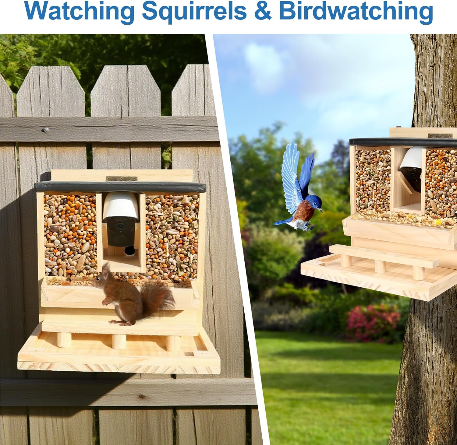Squirrel Feeder with Camera Solar Powered：2.5K HD Wireless samrt Squirrel Picnic Table Feeders for Outside Funny Nuts Bar,Wooden Chipmunk Box (Squirrel Feeder with Camera)