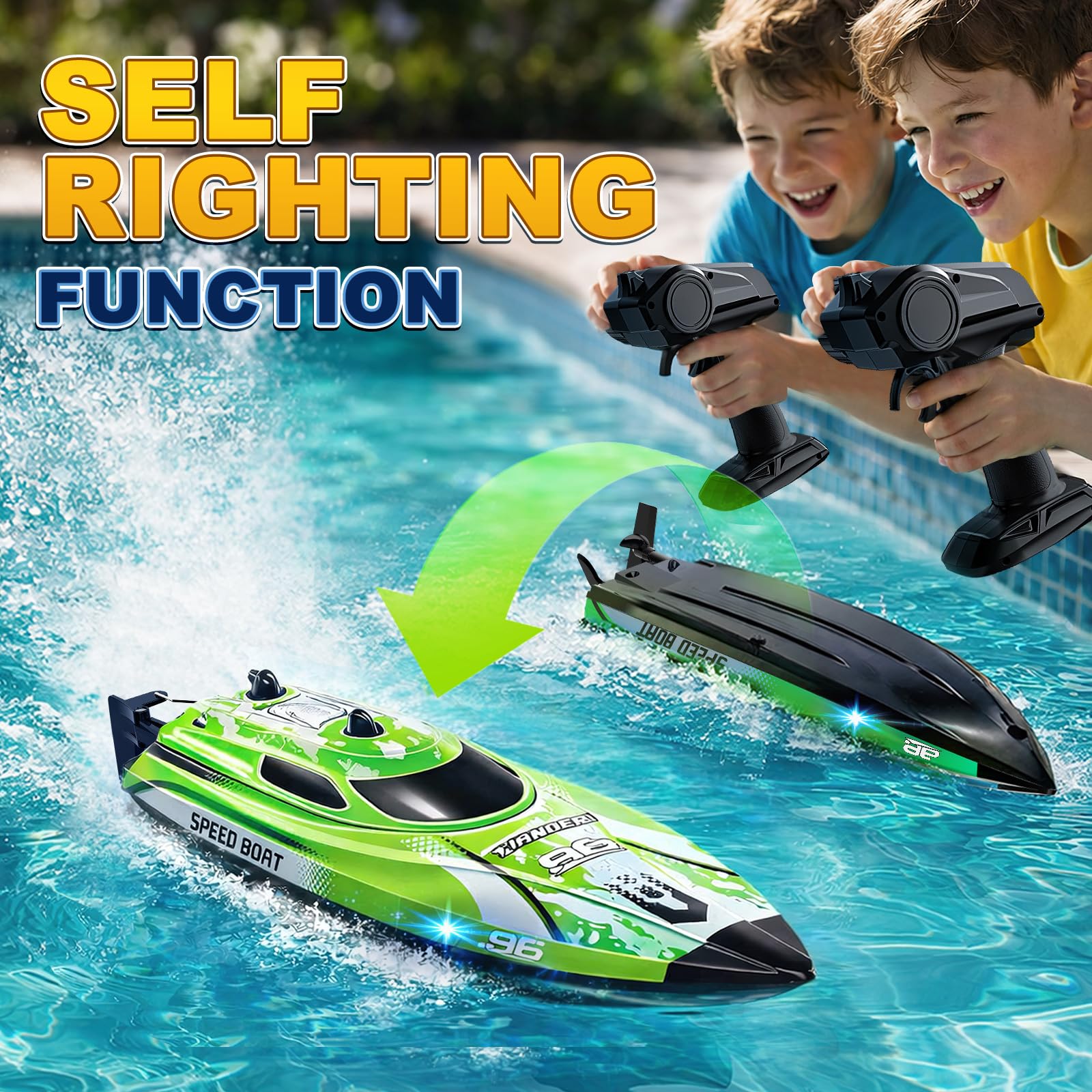 YESHIN RC Boot 25 km/h, 2,4 GHz High Speed Ferngesteuertes Boot mit LED, 2 Batterien, Wasserdicht & Kentersicher, Überdruck Erinnerung, Geeignet für Pool Seen, Geschenk für Kinder & Erwachsene (Grün)