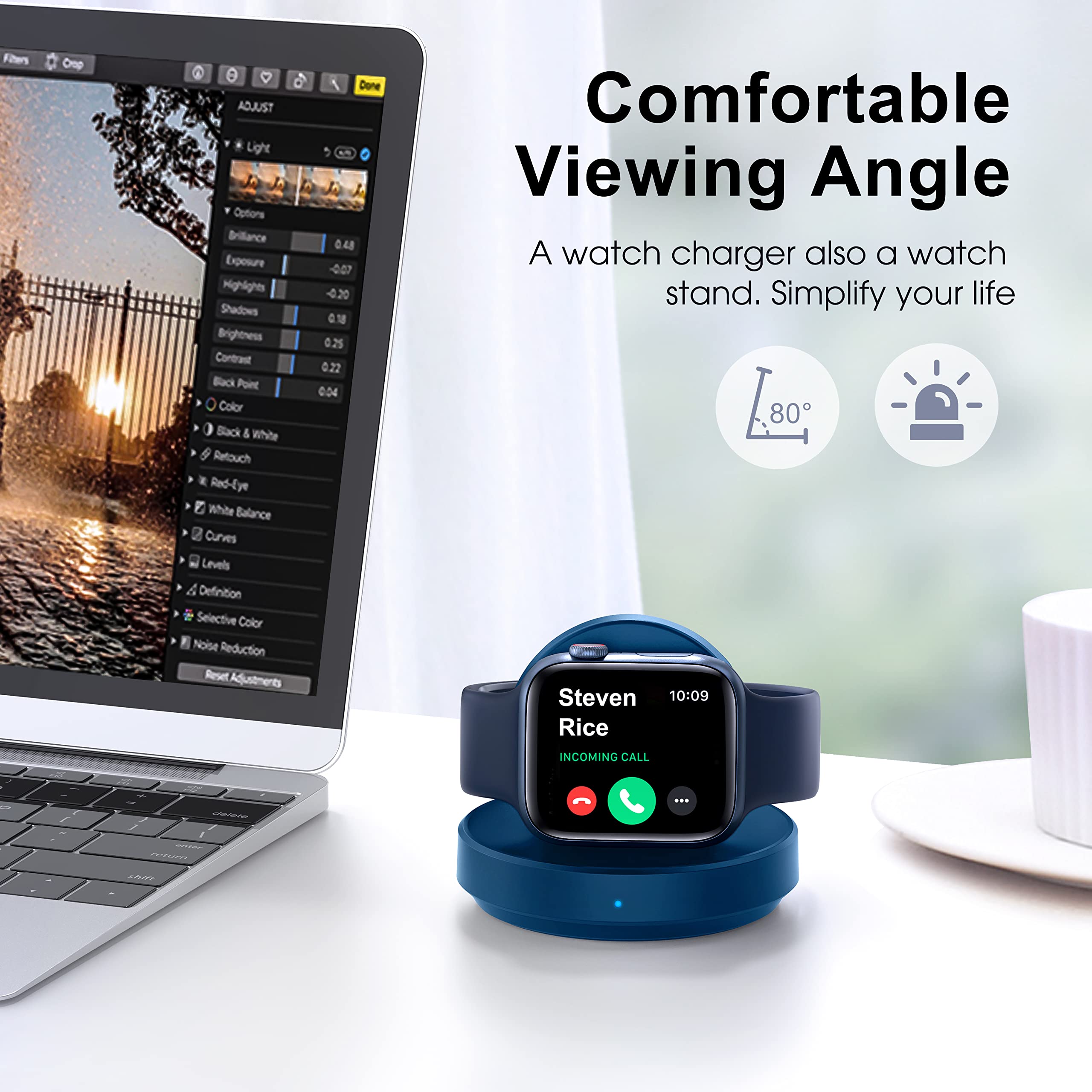 ZAPOGO Przenośna magnetyczna stacja ładująca do zegarka Apple Watch, bezprzewodowa szybka ładowarka stojak z kablem do ładowania, uchwyt na stolik nocny, kompatybilny z Apple Watch 10 9 8 7 SE 6 5