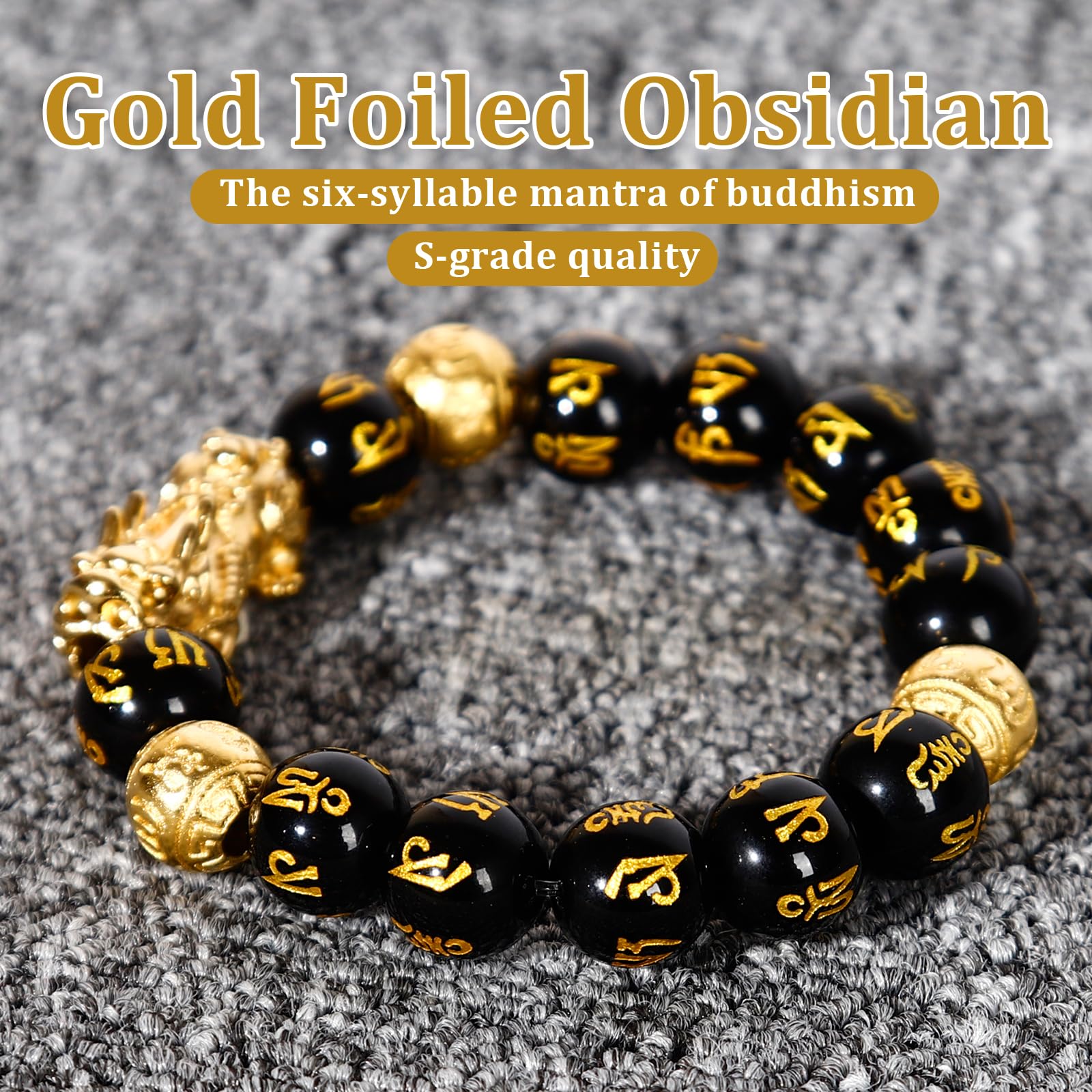 Buiufish - Pulsera de obsidiana Feng Shui, chapada en oro de 24 quilates, pulsera Pixiu de protección de dragón para hombres y mujeres, pulseras de cuentas de oración mantra de 0.47 pulgadas que 5