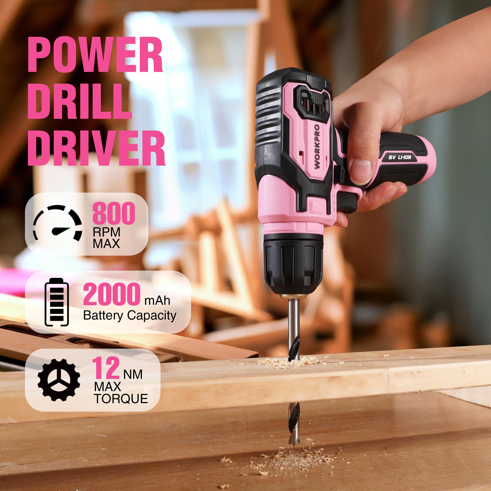 WORKPRO Juego de taladro eléctrico rosa y caja de herramientas apilable, destornillador inalámbrico de 8 V con juego de brocas, kit de destornillador eléctrico inalámbrico de 2.0 Ah con portabrocas