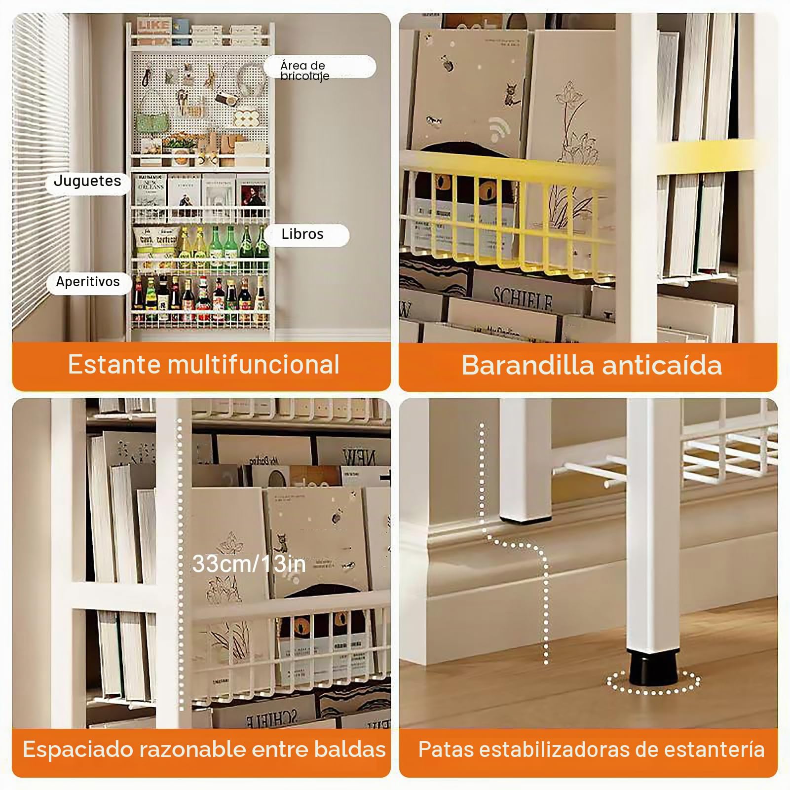 Estantería detrás de la puerta, estantería infantil que ahorra espacio con 5 niveles, estantería alta y estrecha detrás de la puerta, estantería de pared abierta con ganchos para dormitorio infantil