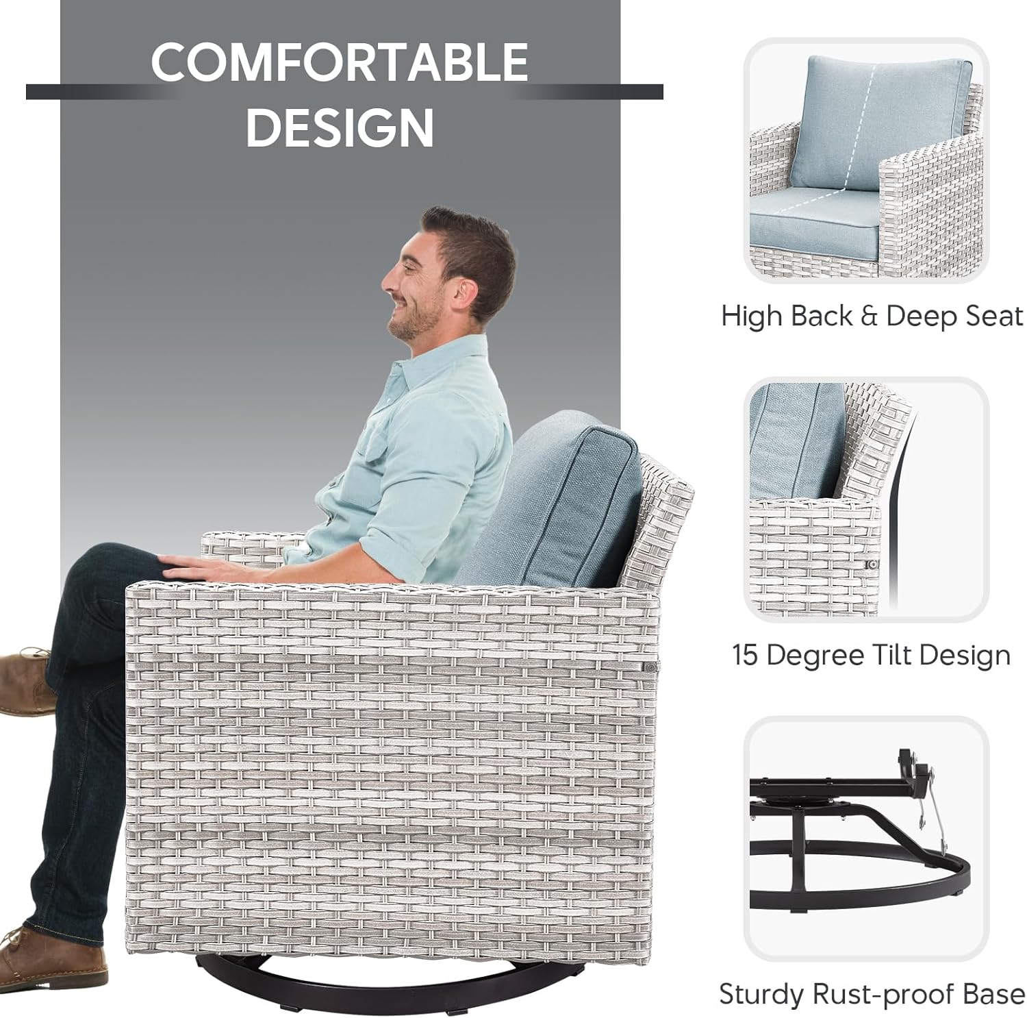 Patio Chairs Wicker Swivel Rocker Set of 2 - Heavy Duty Patio Furniture Set 350LBS Max Load Wicker Outdoor Swivel Glider Rocking Chairs for Porch Balcony Deck Poolside - Light Grey/Baby Blue