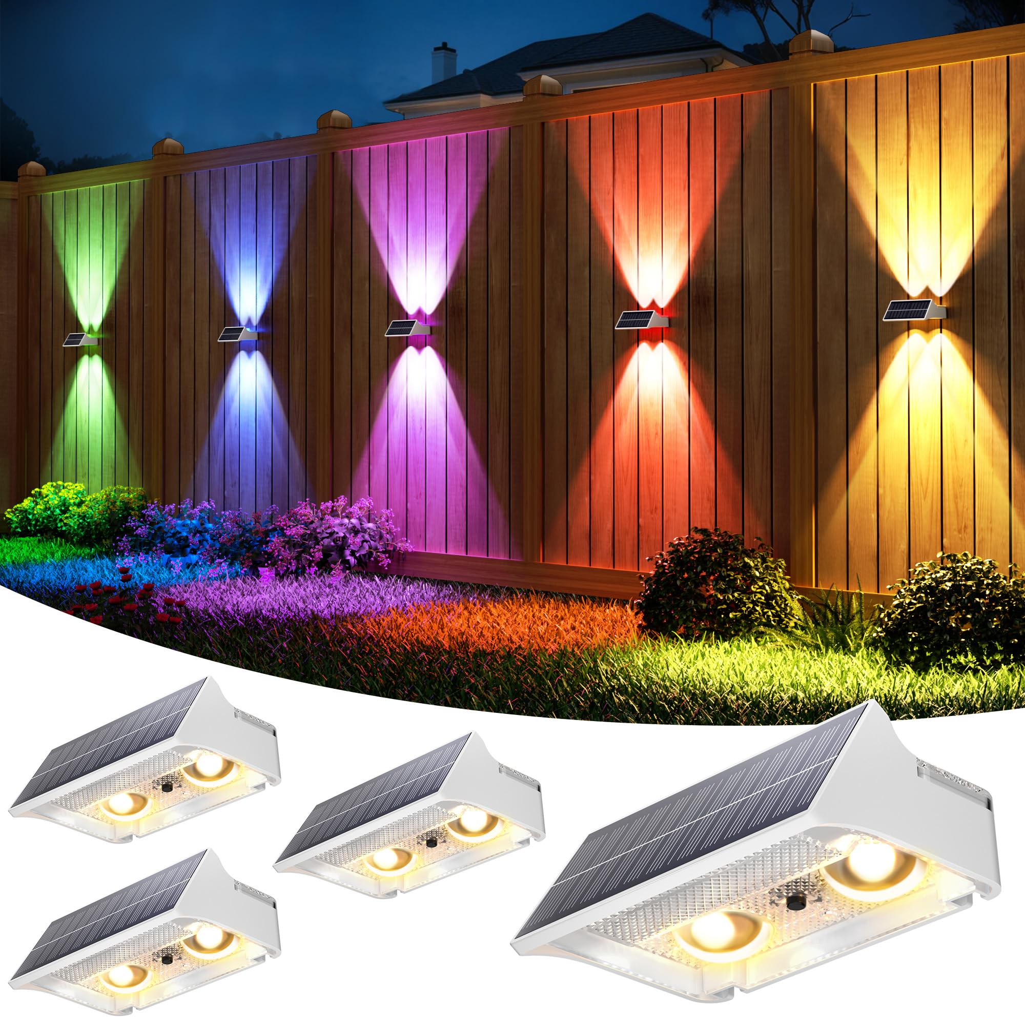 VOLISUN Solar Fence Lights Outdoor Garden 4 Pack, 9 Color Modes RGB Solar Garden Lights Waterproof IP65, Bright Fence Solar Lights for Outside Deck Patio Gate Yard Pathway Decoration(White)