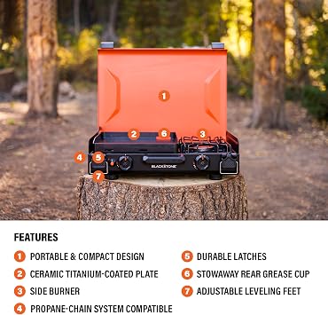 Blackstone 2364 12 x 14 Camping Griddle with Side Burner | Side Burner, Latches, Leveling Feet, Portable