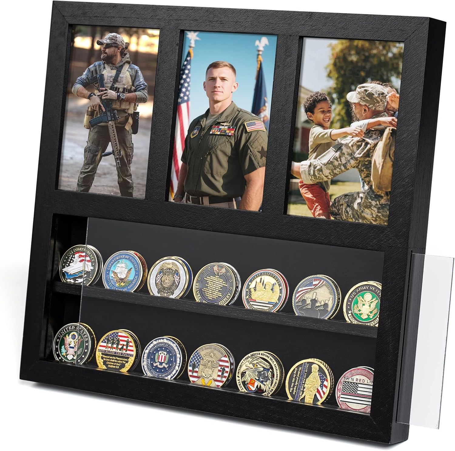 Miratino Challenge Coin Display Stand, Challenge Coin Holder with Photo Frame Holds Three 6x4 Inch Photos, Rustic Solid Wood Coin Holds 30 Coins,Gift for Collectors (Black)