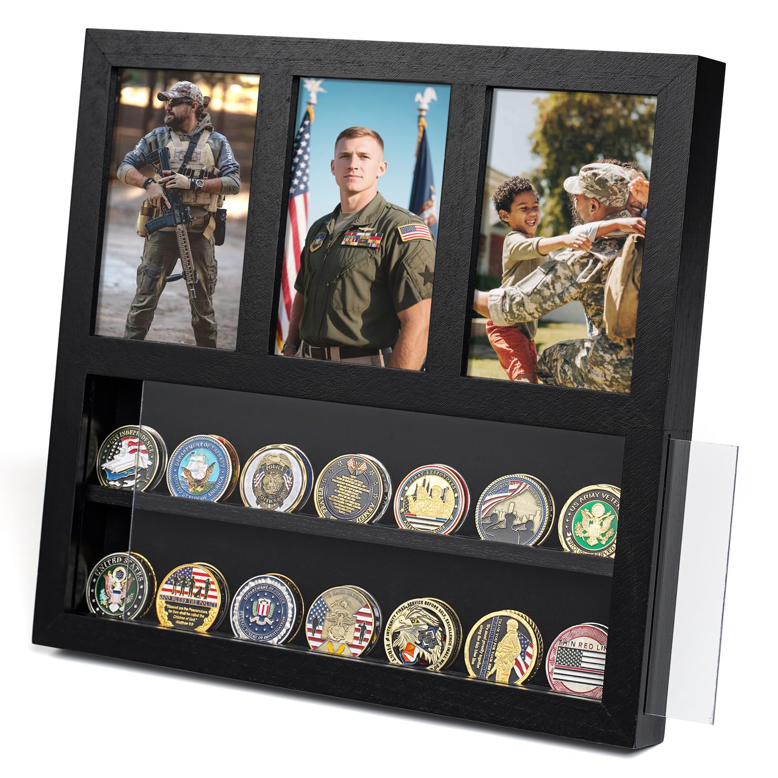 Miratino Soporte de exhibición de monedas con marco de fotos para tres fotos de 6 x 4 pulgadas y monedas de desafío de 17 a 30, caja de sombra de recuerdo militar para recuerdos familiares, regalos de