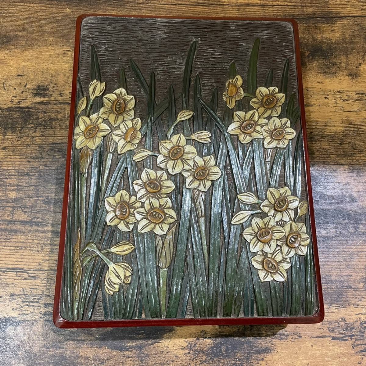 Amazon.co.jp: 神原廣周 香川 漆芸 讃岐彫 水仙 道具入れ 木彫